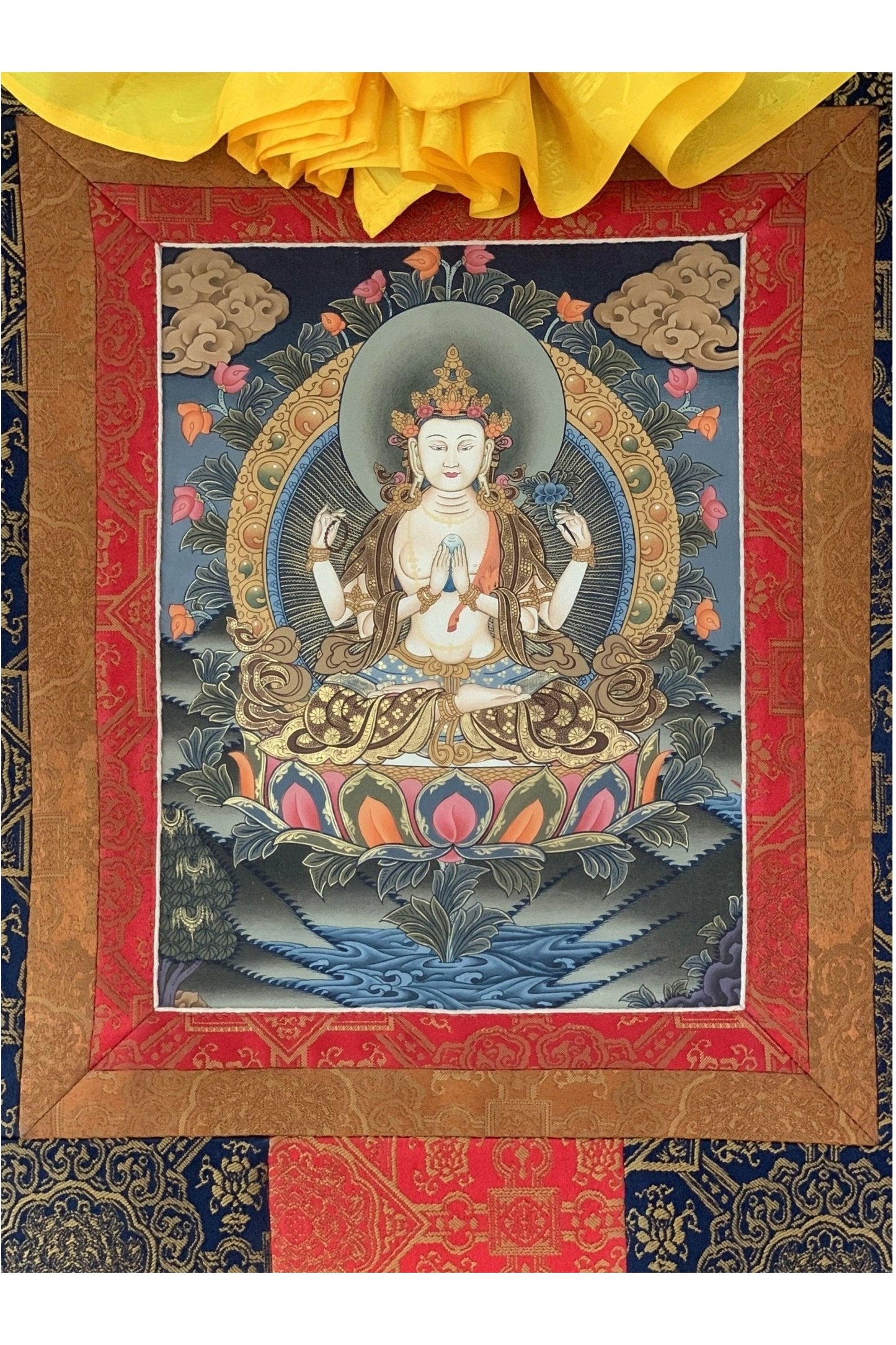 4 Armed Chyangresi, Chenrezig, Avalokiteshvara, Rare, Masterpiece Original Hand Painted Tibetan Thangka Painting with Premium Silk Border - Tibetan Thangka Art