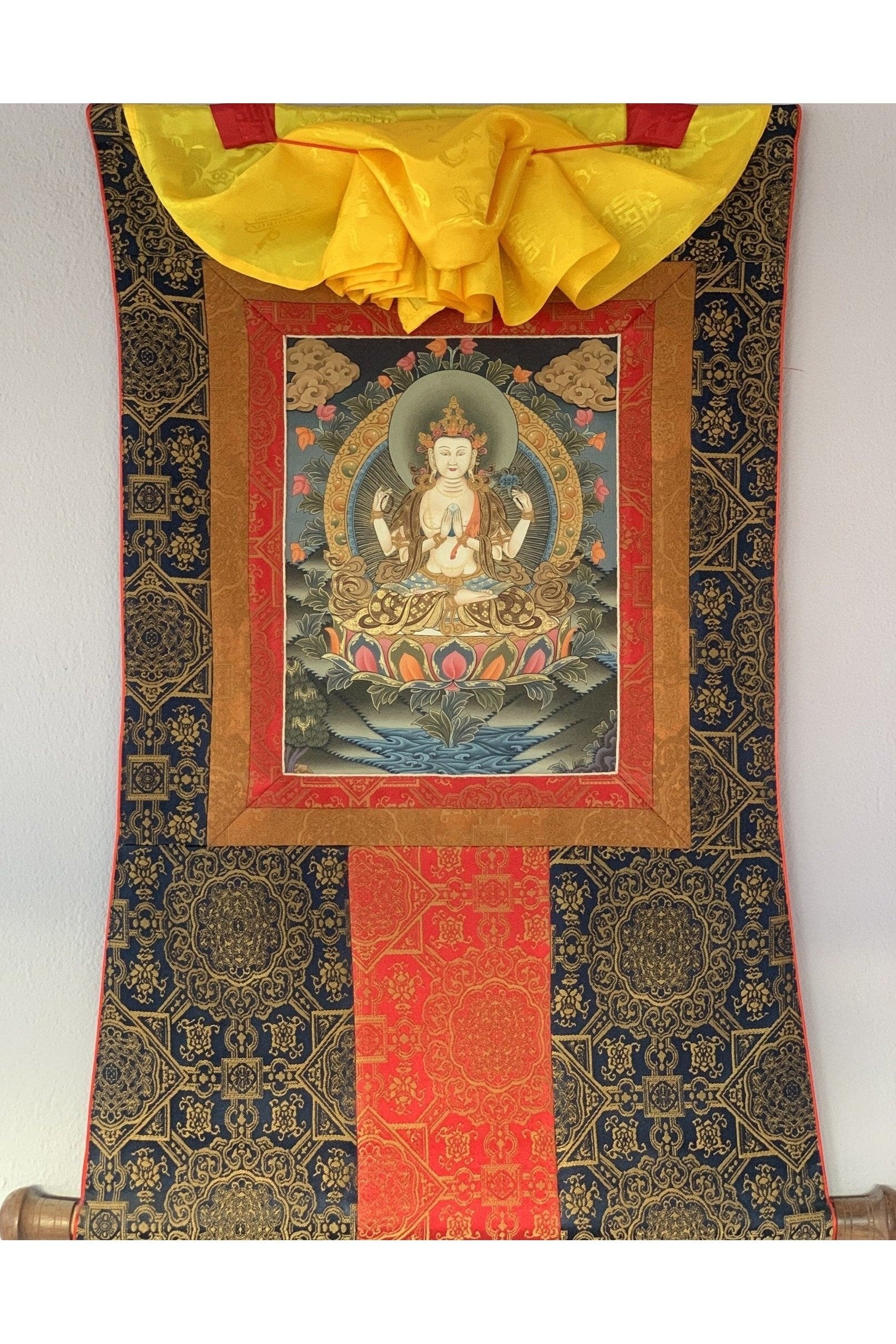 4 Armed Chyangresi, Chenrezig, Avalokiteshvara, Rare, Masterpiece Original Hand Painted Tibetan Thangka Painting with Premium Silk Border - Tibetan Thangka Art