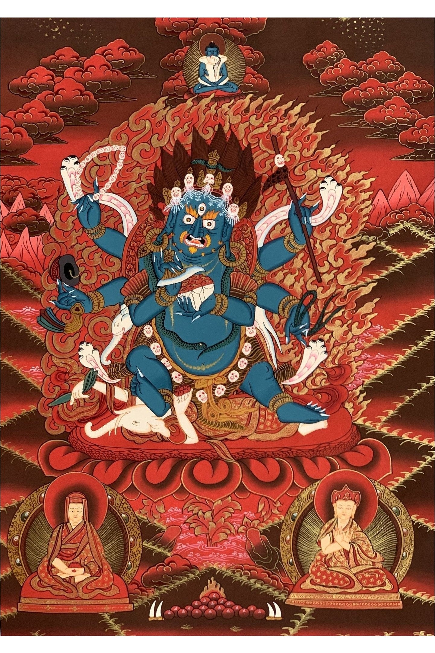 6 - Armed Mahakala/ Kalabhairava Masterpiece Master Quality Original Tibetan Thangka Painting Compassion Meditation Art 20 x 27 - Inches - Tibetan Thangka Art