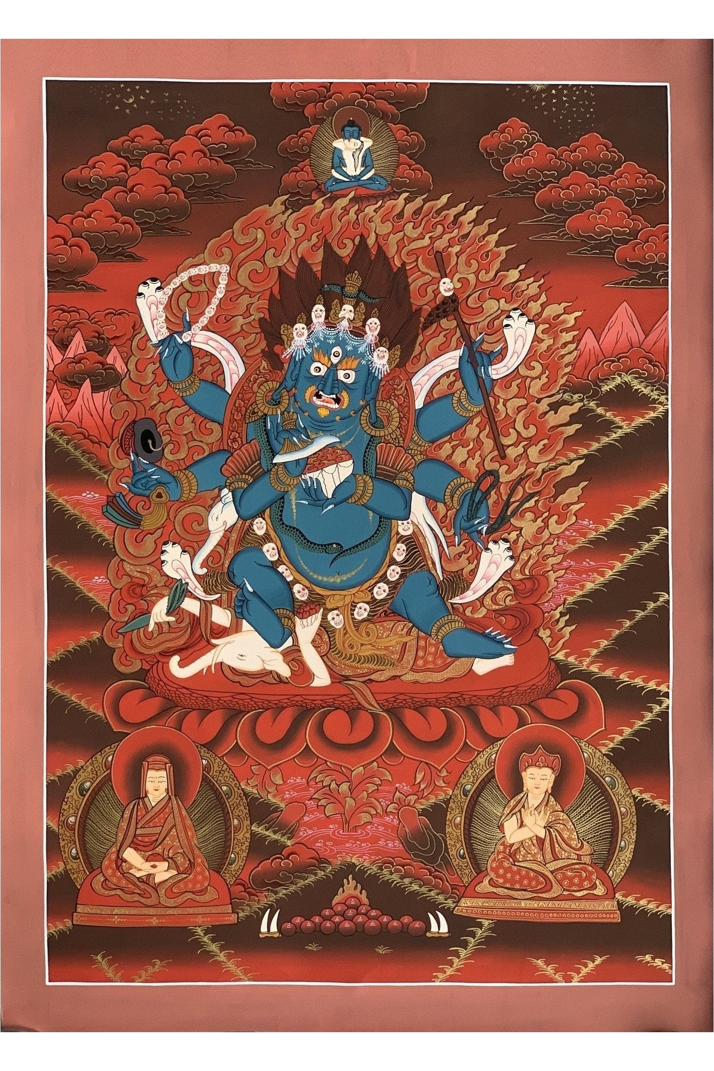 6 - Armed Mahakala/ Kalabhairava Masterpiece Master Quality Original Tibetan Thangka Painting Compassion Meditation Art 20 x 27 - Inches - Tibetan Thangka Art