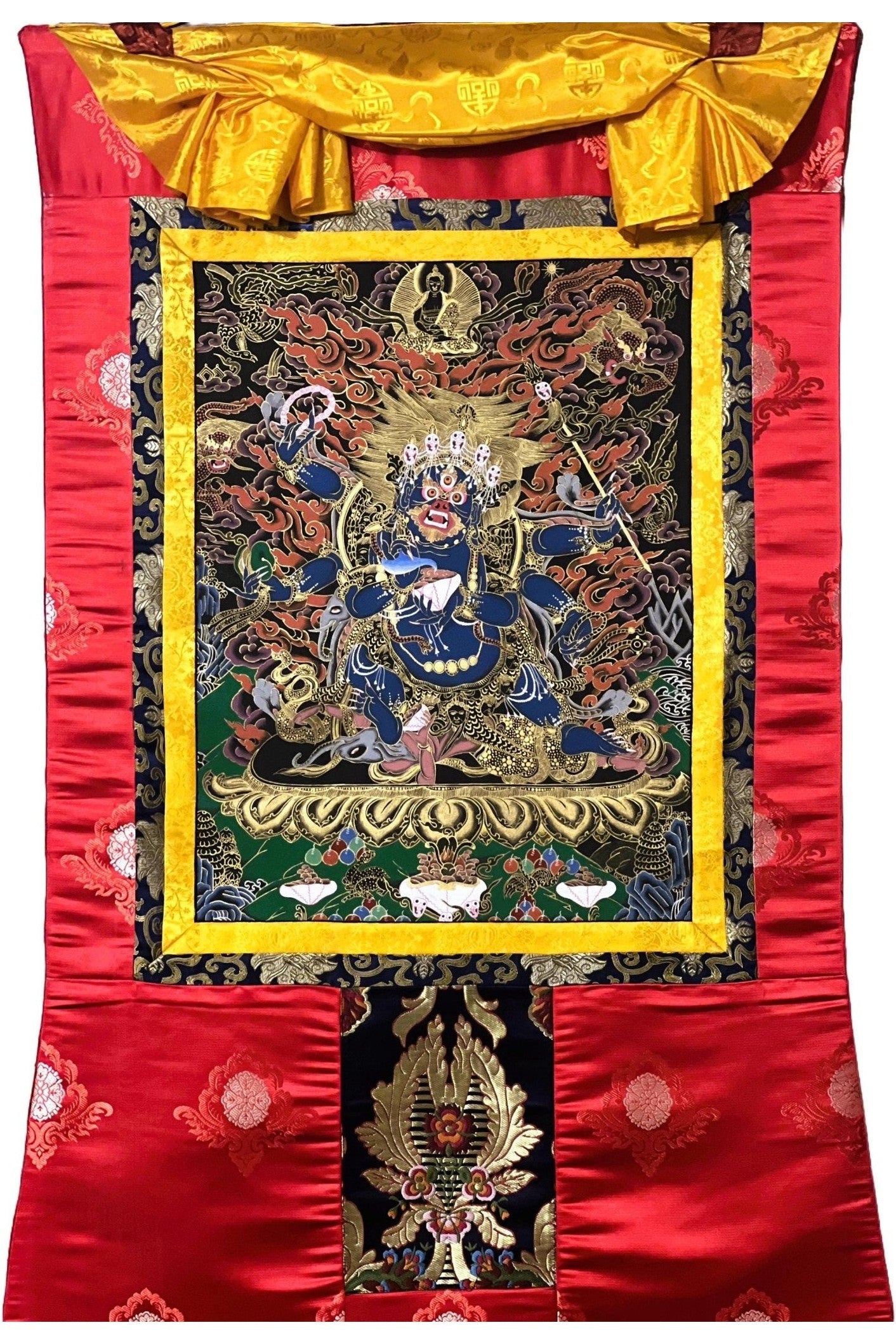 6 - Armed Mahakala Kalabhairava Masterpiece Tibetan Thangka Painting, Original Art Framed with High - Quality Silk - Tibetan Thangka Art