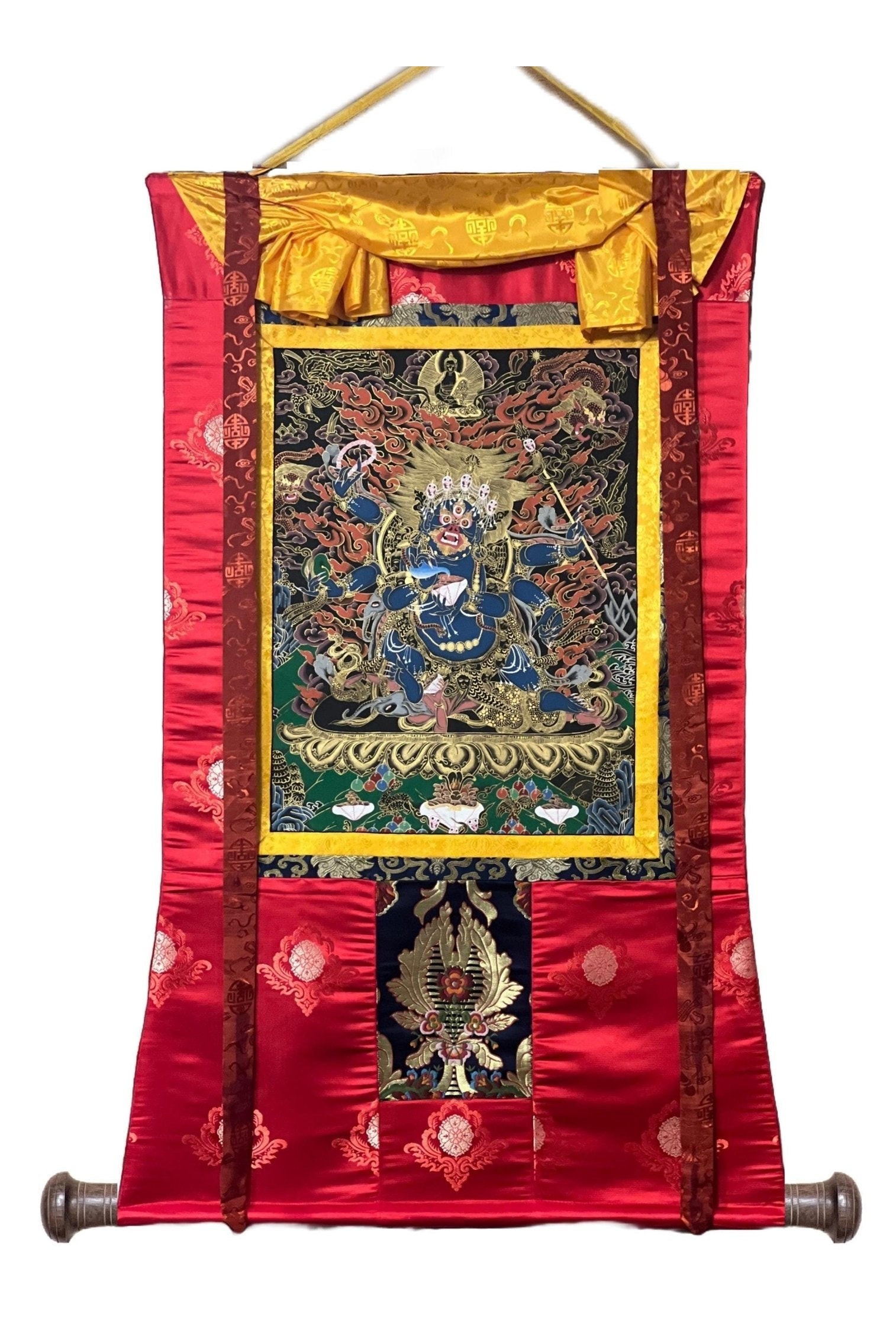 6 - Armed Mahakala Kalabhairava Masterpiece Tibetan Thangka Painting, Original Art Framed with High - Quality Silk - Tibetan Thangka Art