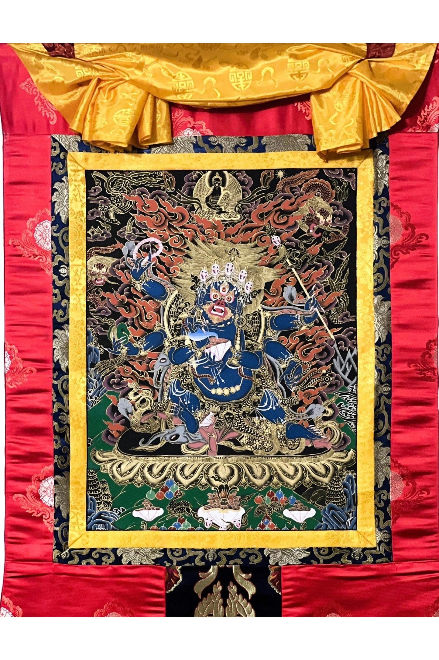 6 - Armed Mahakala Kalabhairava Masterpiece Tibetan Thangka Painting, Original Art Framed with High - Quality Silk - Tibetan Thangka Art