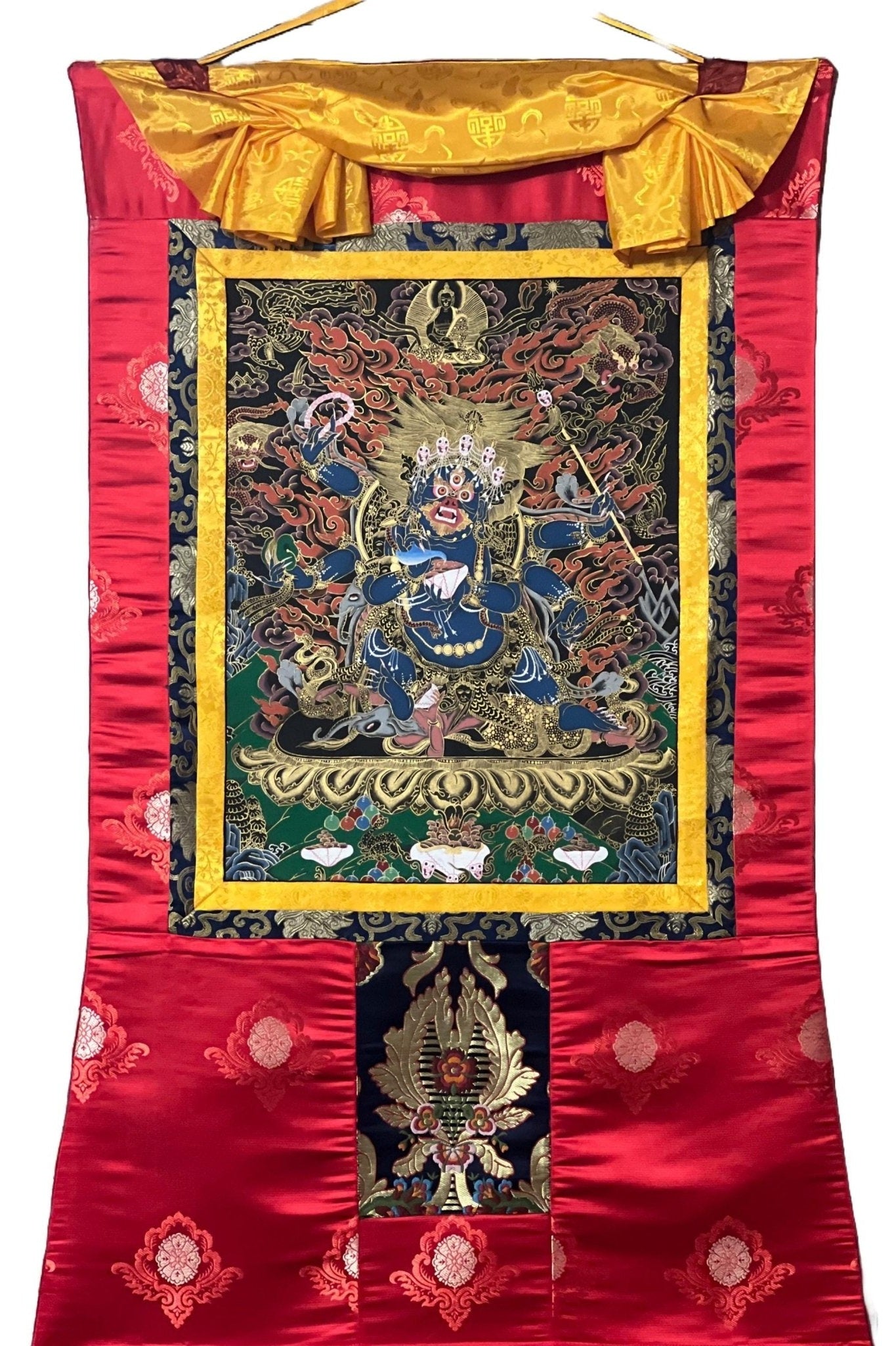 6 - Armed Mahakala Kalabhairava Masterpiece Tibetan Thangka Painting, Original Art Framed with High - Quality Silk - Tibetan Thangka Art