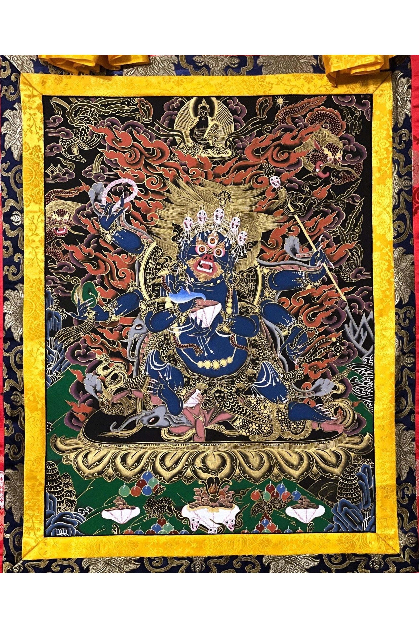 6 - Armed Mahakala Kalabhairava Masterpiece Tibetan Thangka Painting, Original Art Framed with High - Quality Silk - Tibetan Thangka Art