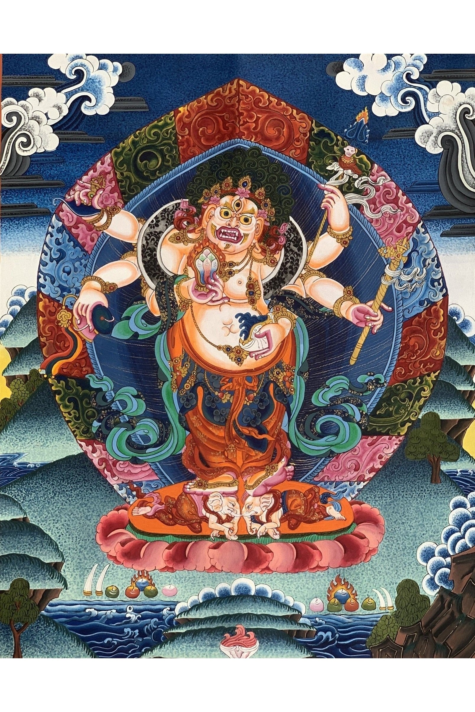 6 - Armed, White Mahakala, Mahakala, Kalabhairava, Master Quality Newari Paubha/Pauva/ Thangka, Original Hand - Painting 19 x 24 - Inches - Tibetan Thangka Art