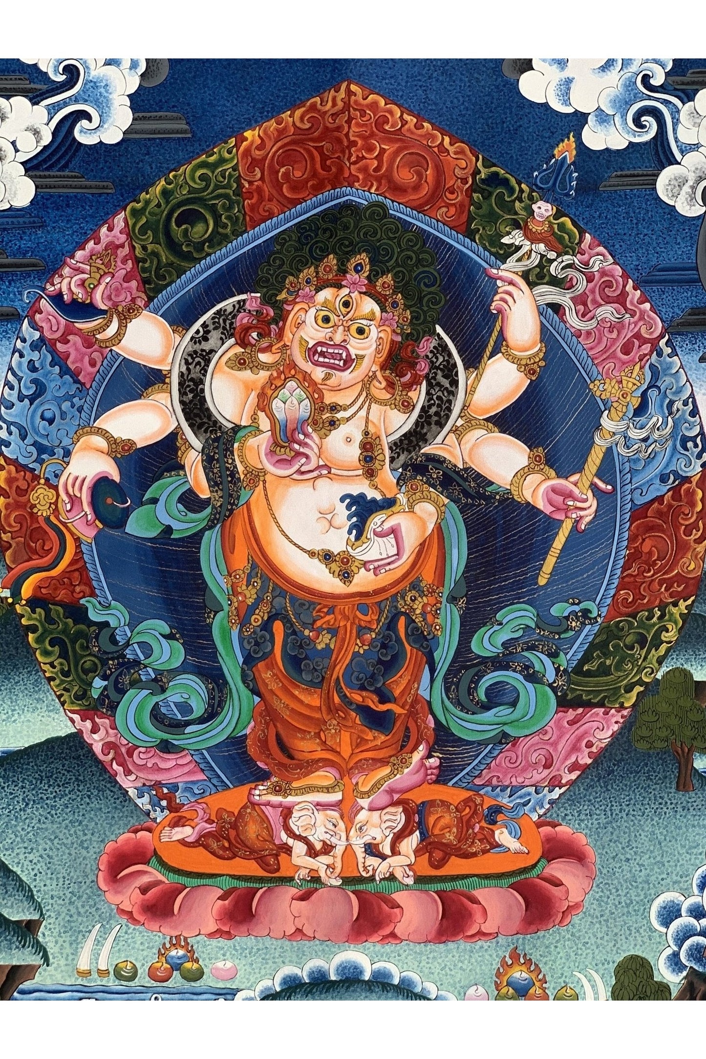 6 - Armed, White Mahakala, Mahakala, Kalabhairava, Master Quality Newari Paubha/Pauva/ Thangka, Original Hand - Painting 19 x 24 - Inches - Tibetan Thangka Art