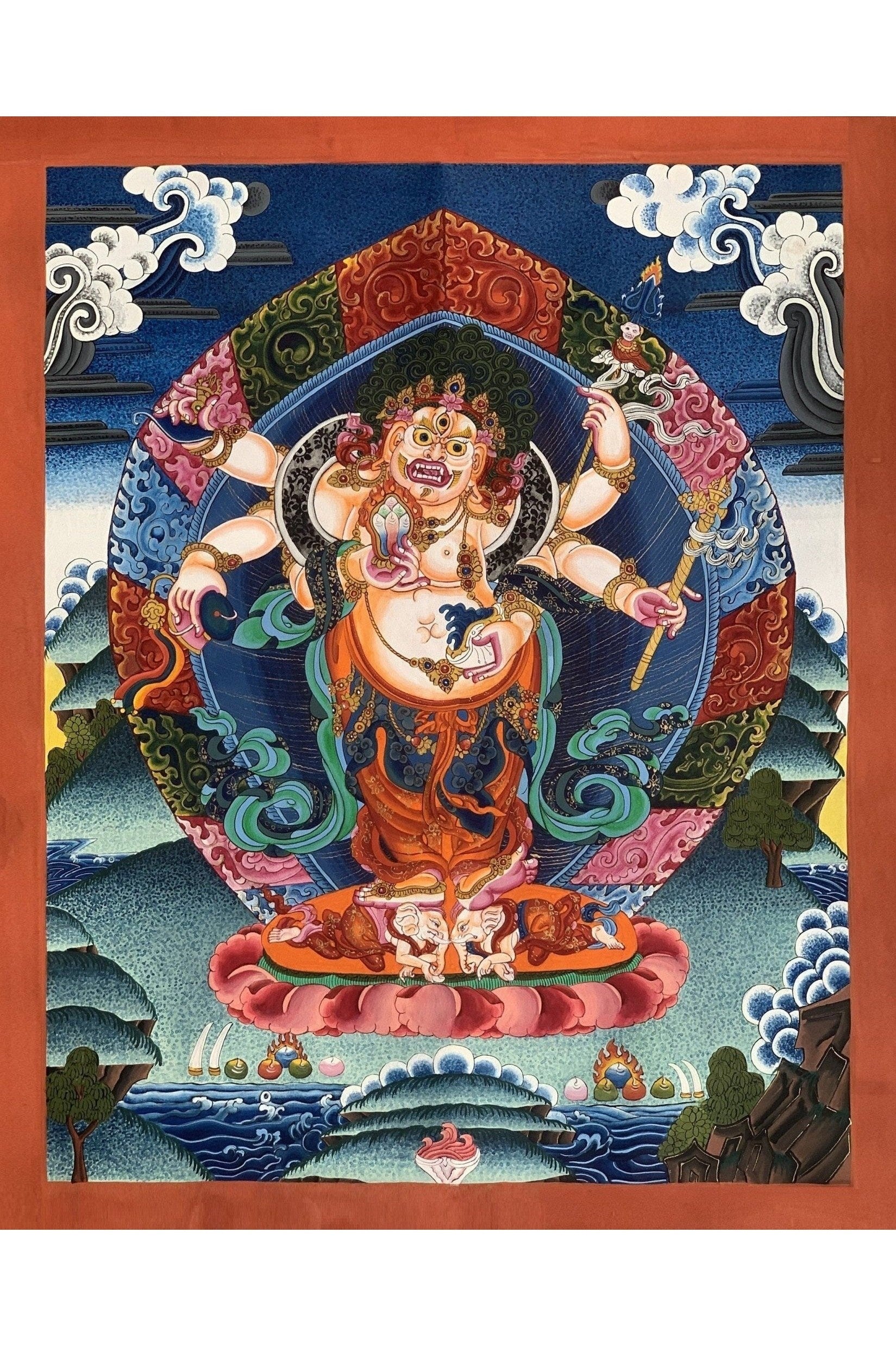 6 - Armed, White Mahakala, Mahakala, Kalabhairava, Master Quality Newari Paubha/Pauva/ Thangka, Original Hand - Painting 19 x 24 - Inches - Tibetan Thangka Art