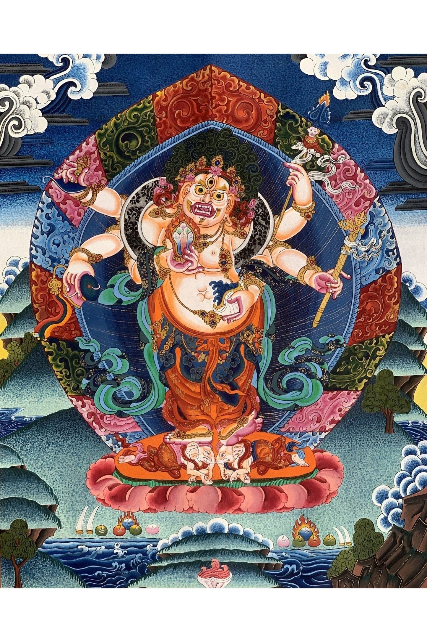 6 - Armed, White Mahakala, Mahakala, Kalabhairava, Master Quality Newari Paubha/Pauva/ Thangka, Original Hand - Painting 19 x 24 - Inches - Tibetan Thangka Art