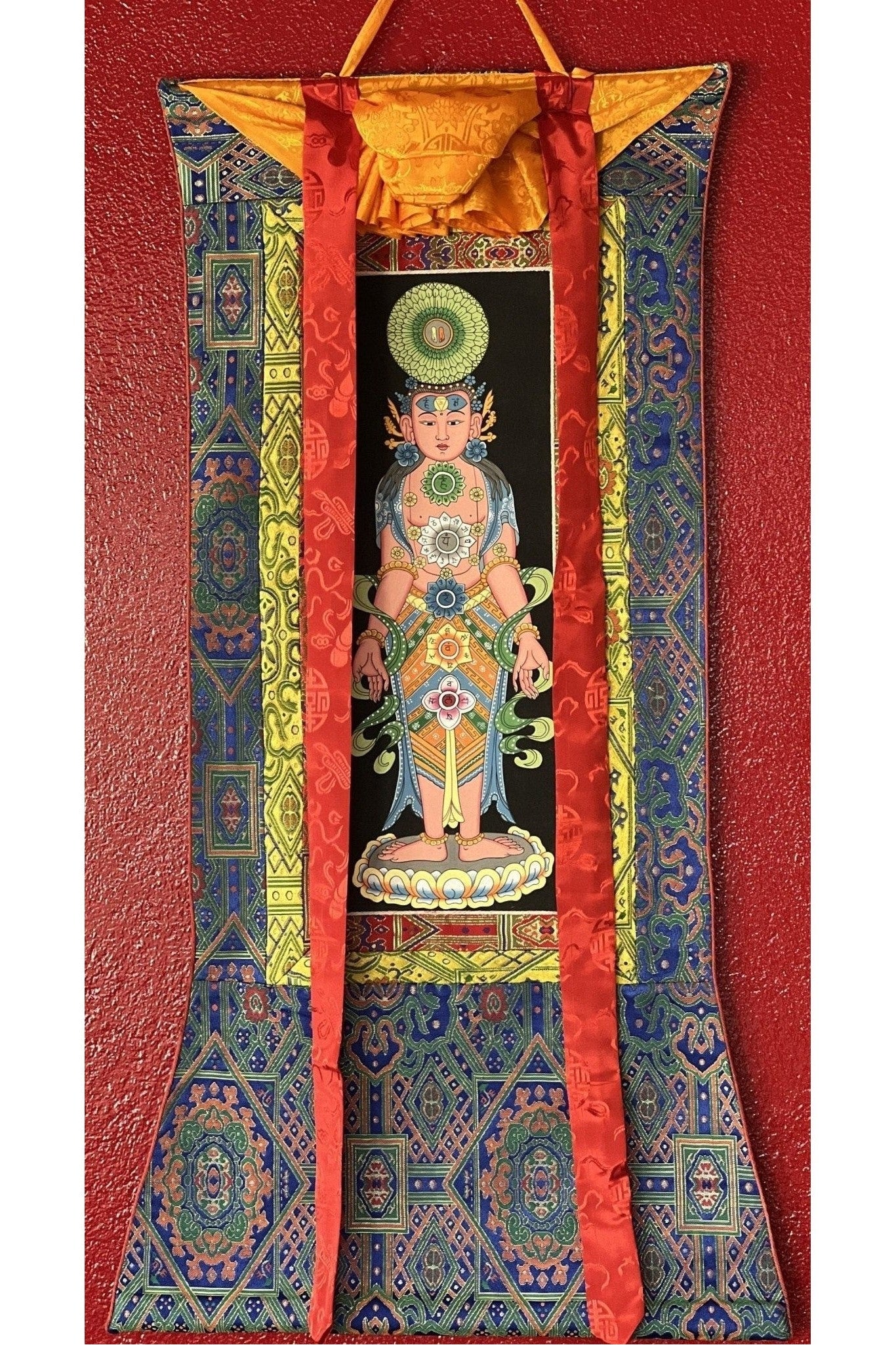 7 Yogic Chakras, Kundalini Energy, Kundalini Yoga, Thangka Painting, Original Art, Male Body with Silk Premium Brocade - Tibetan Thangka Art