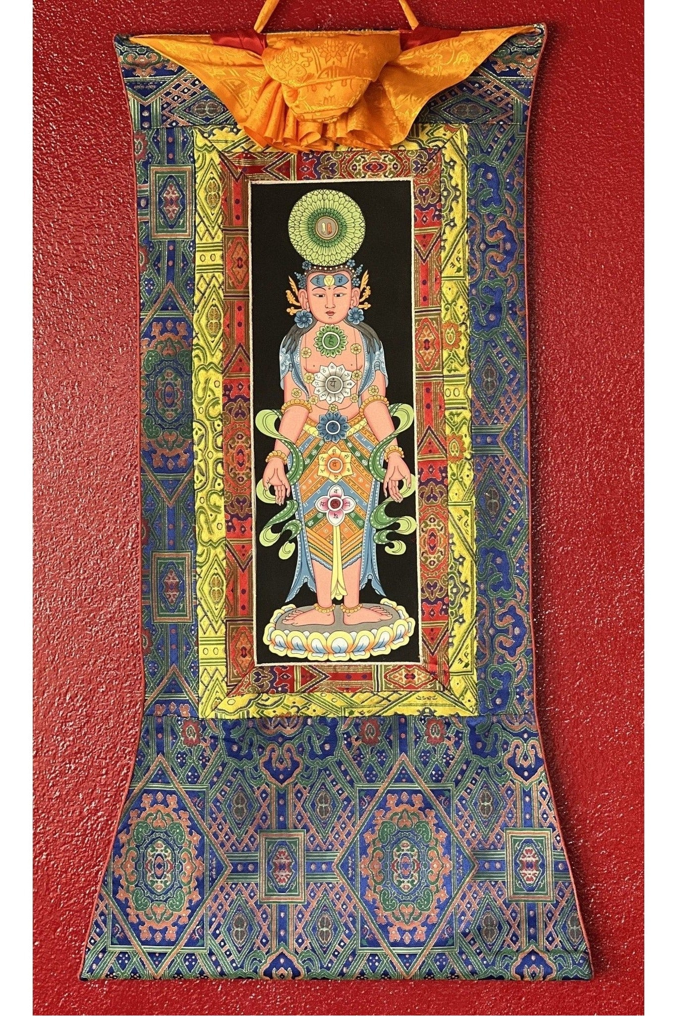 7 Yogic Chakras, Kundalini Energy, Kundalini Yoga, Thangka Painting, Original Art, Male Body with Silk Premium Brocade - Tibetan Thangka Art