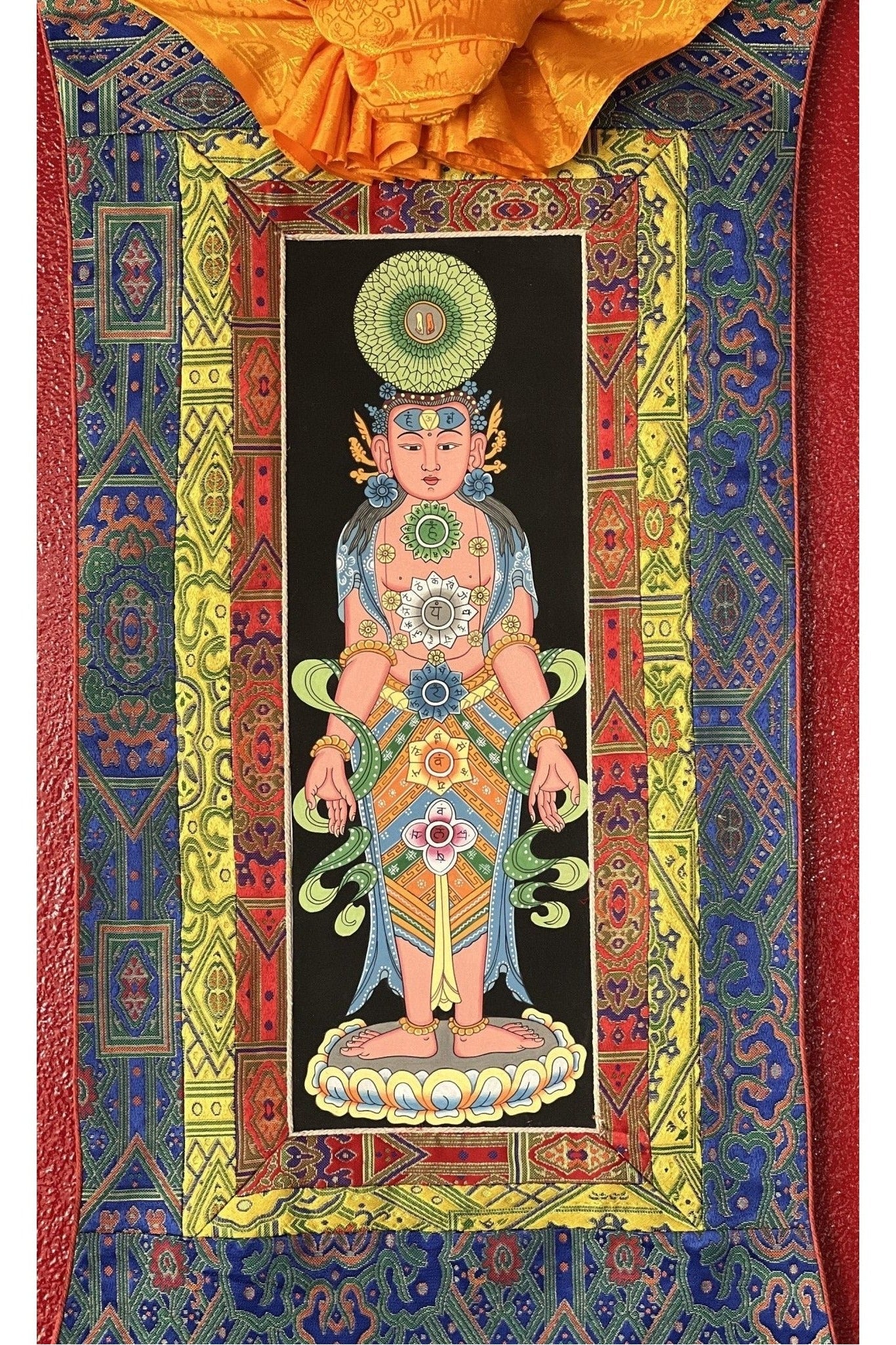 7 Yogic Chakras, Kundalini Energy, Kundalini Yoga, Thangka Painting, Original Art, Male Body with Silk Premium Brocade - Tibetan Thangka Art