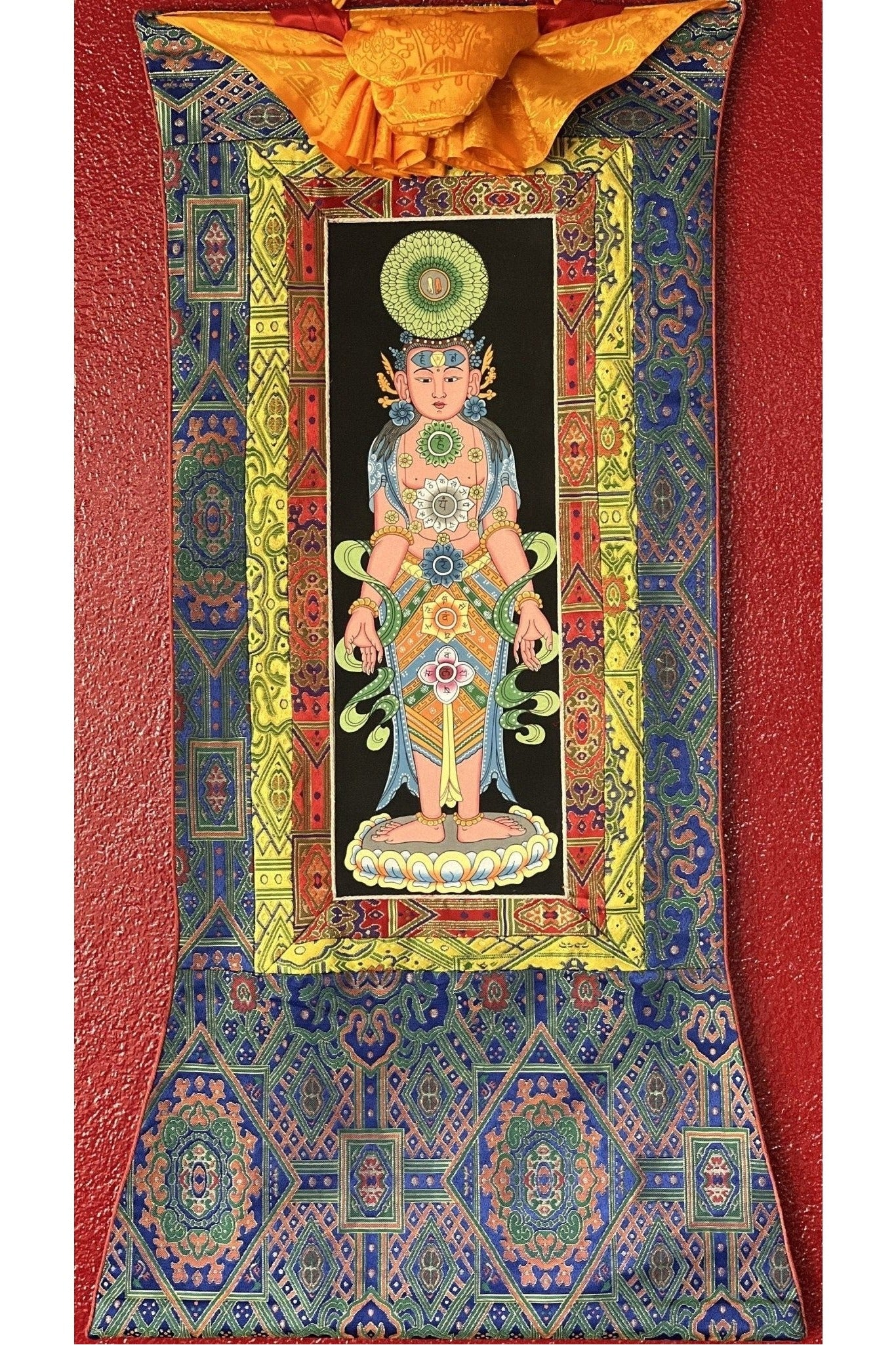 7 Yogic Chakras, Kundalini Energy, Kundalini Yoga, Thangka Painting, Original Art, Male Body with Silk Premium Brocade - Tibetan Thangka Art