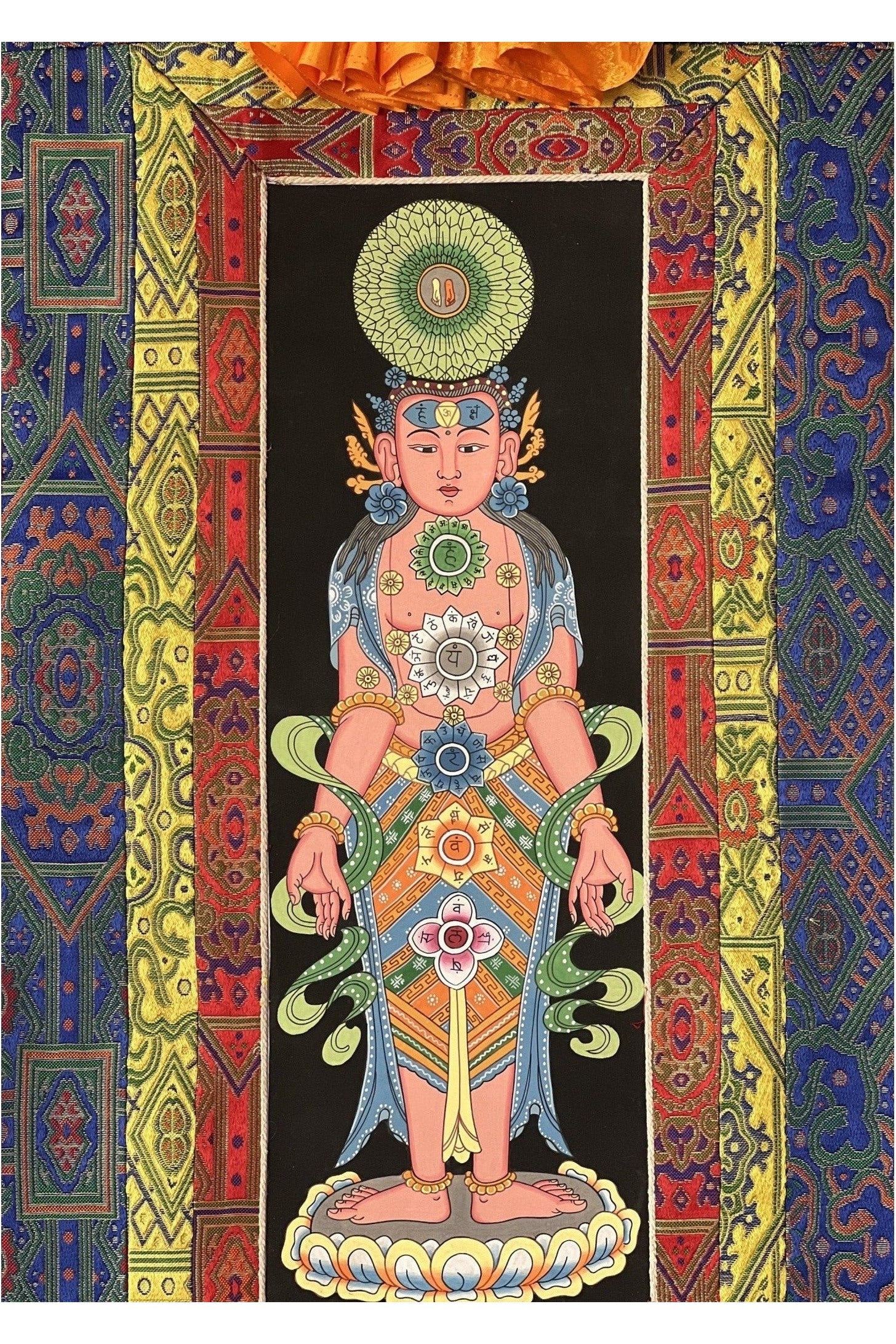 7 Yogic Chakras, Kundalini Energy, Kundalini Yoga, Thangka Painting, Original Art, Male Body with Silk Premium Brocade - Tibetan Thangka Art