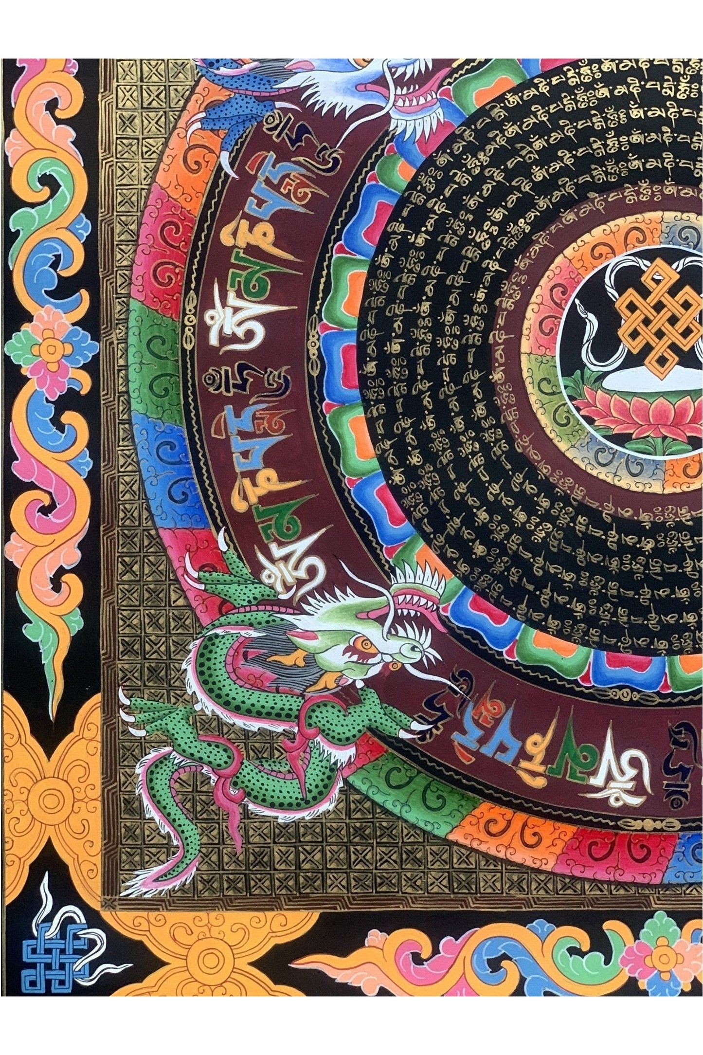 Astamangala Dragon and Om Mantra Mandala Tibetan Thangka Painting Original Meditation Art - Tibetan Thangka Art