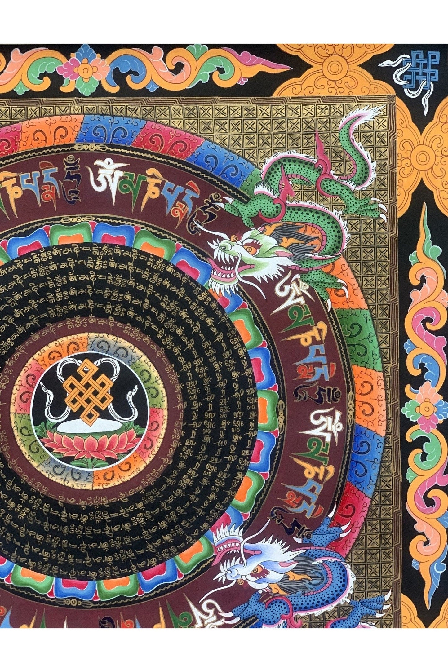 Astamangala Dragon and Om Mantra Mandala Tibetan Thangka Painting Original Meditation Art - Tibetan Thangka Art