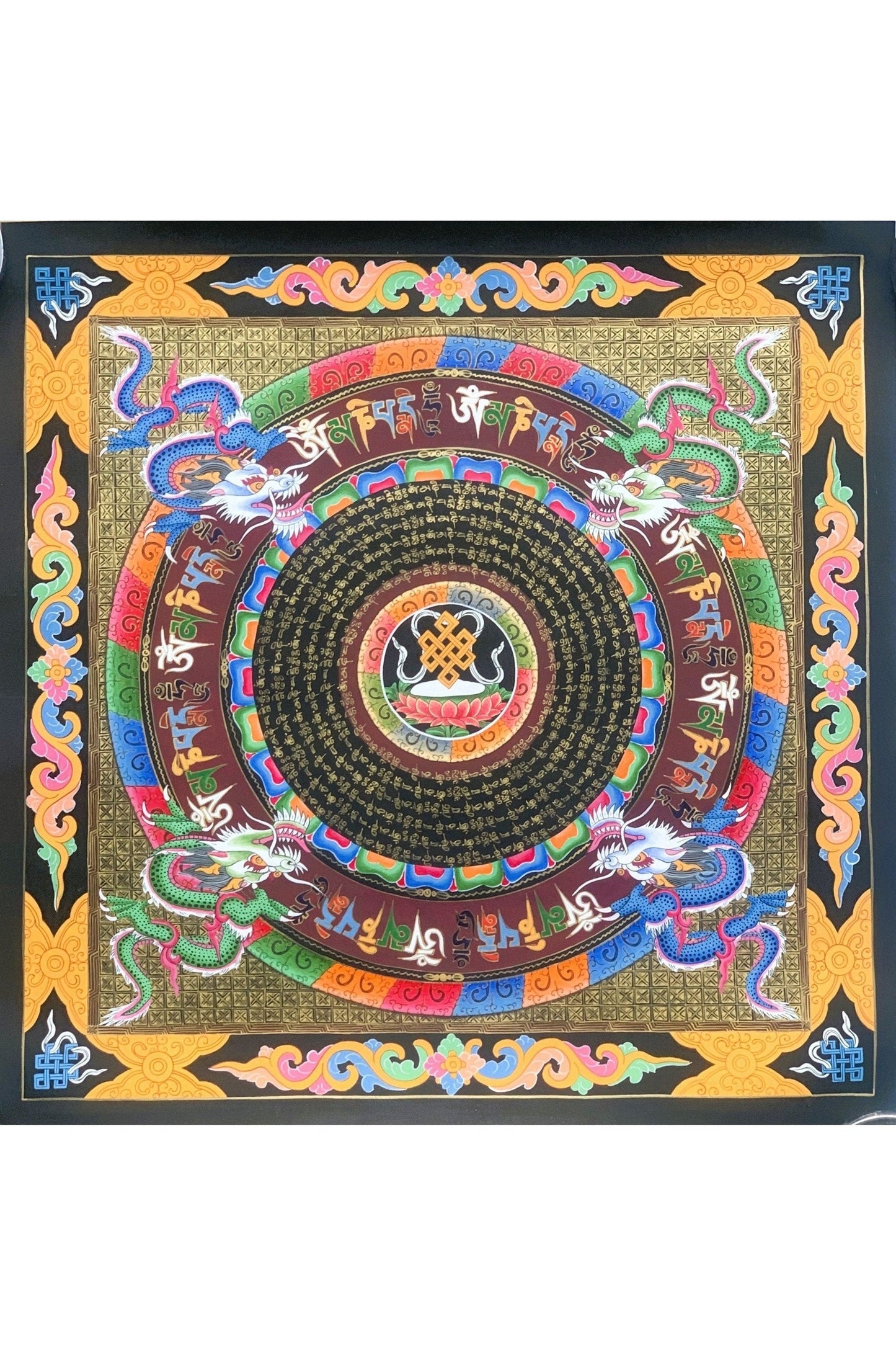 Astamangala Dragon and Om Mantra Mandala Tibetan Thangka Painting Original Meditation Art - Tibetan Thangka Art