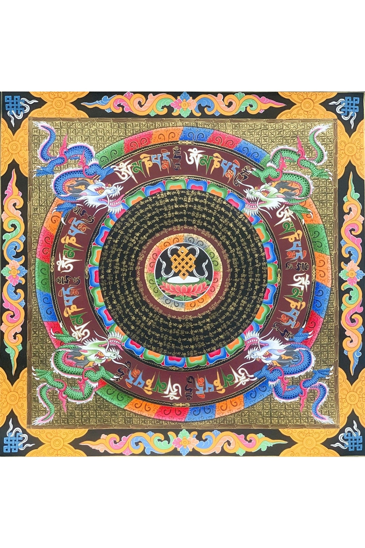 Astamangala Dragon and Om Mantra Mandala Tibetan Thangka Painting Original Meditation Art - Tibetan Thangka Art