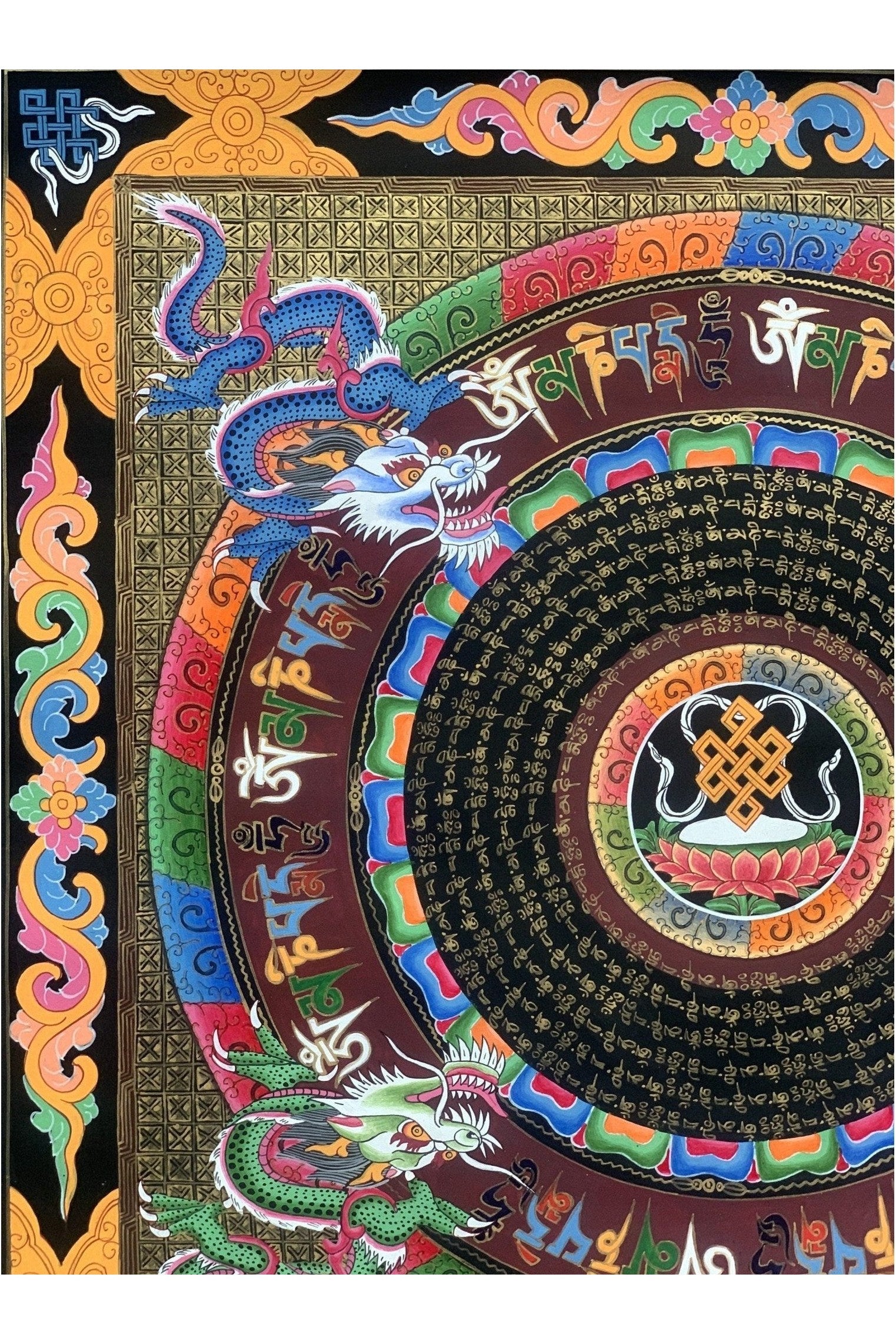 Astamangala Dragon and Om Mantra Mandala Tibetan Thangka Painting Original Meditation Art - Tibetan Thangka Art