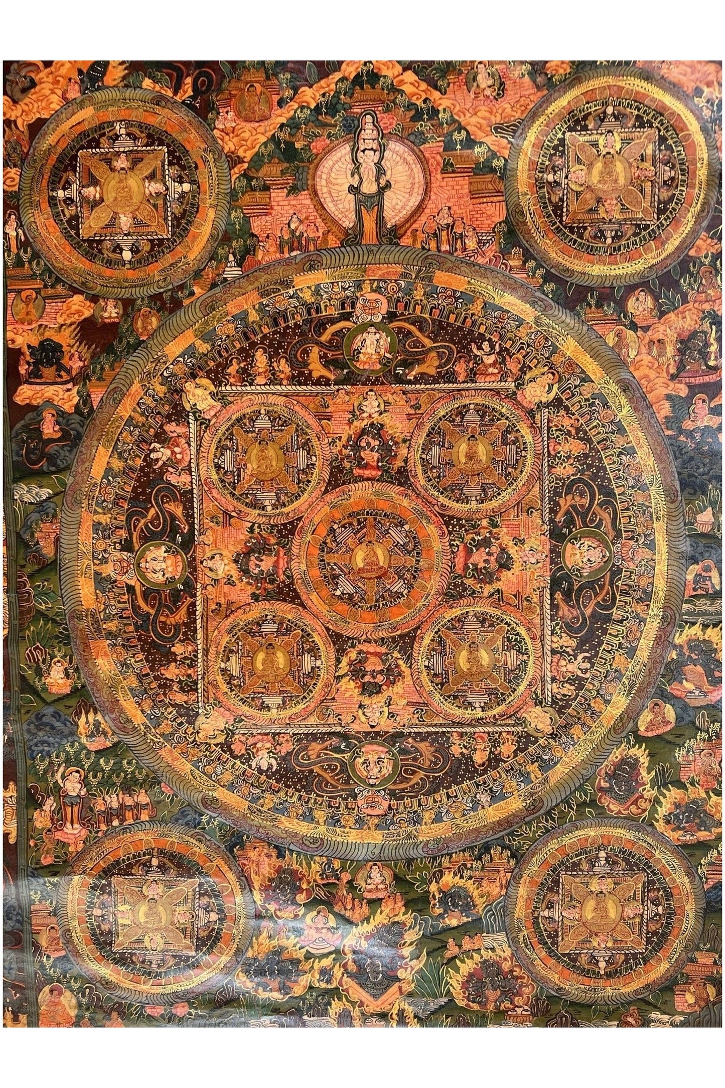 Avalokiteshvara Big Circle Buddha Mandala Old Oil - Varnished Original Hand Painted Large Tibetan Thangka Painting/Meditation Art - Tibetan Thangka Art