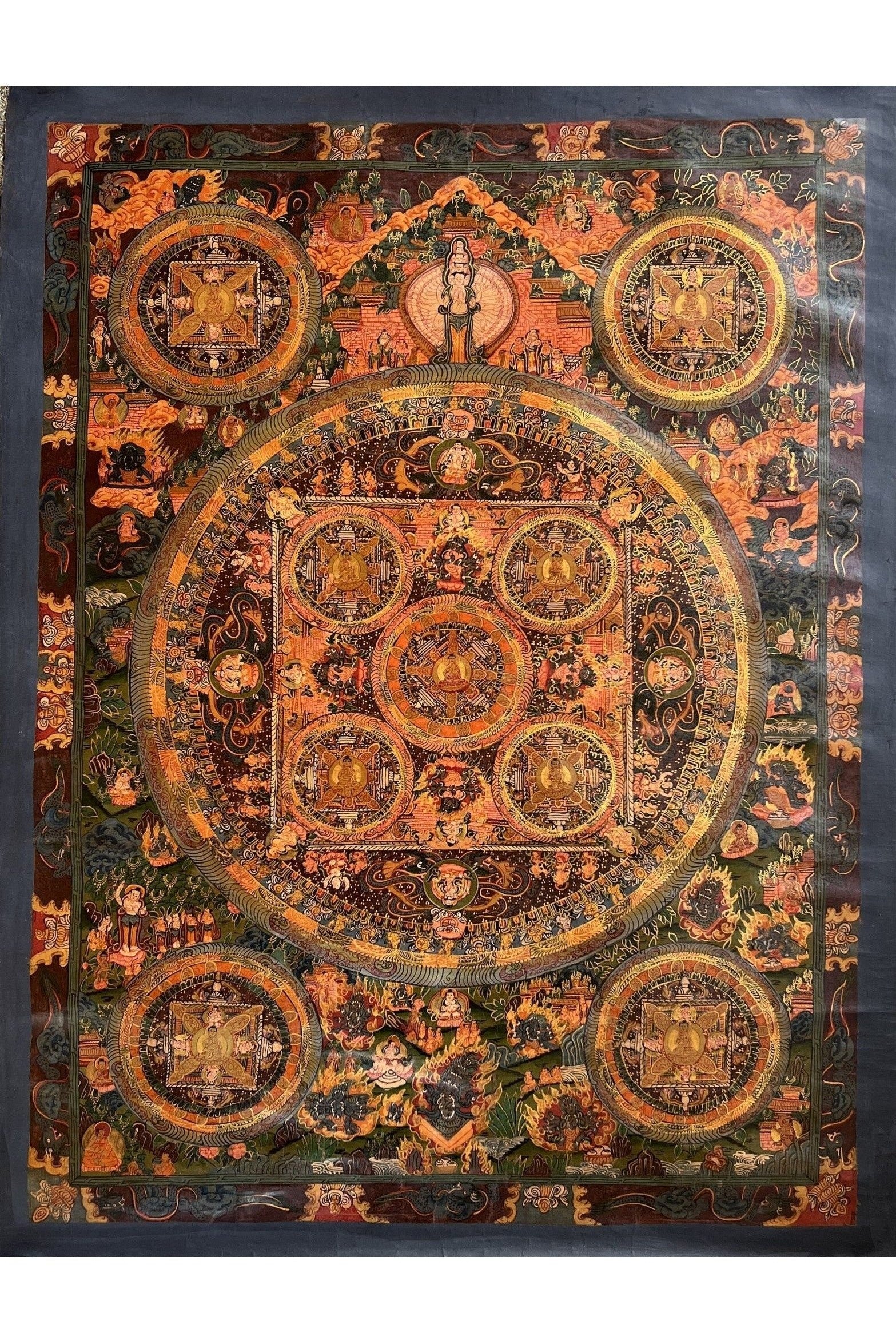 Avalokiteshvara Big Circle Buddha Mandala Old Oil - Varnished Original Hand Painted Large Tibetan Thangka Painting/Meditation Art - Tibetan Thangka Art