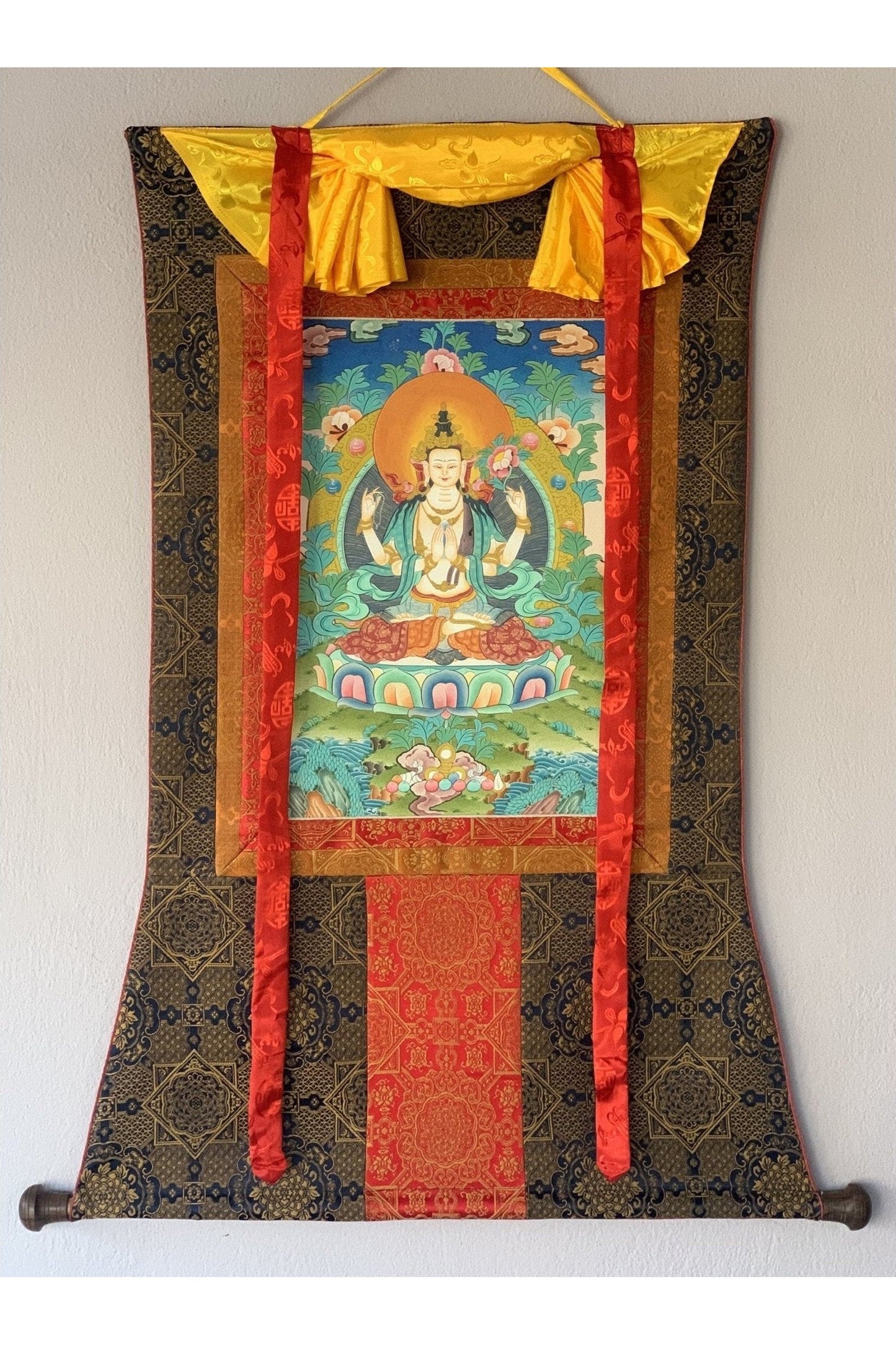 Avalokiteshvara/ Chyangresi/ Chenrezig Bodhisattva of Compassion Master Quality Original Tibetan Thangka Painting with Premium Silk Brocade - Tibetan Thangka Art