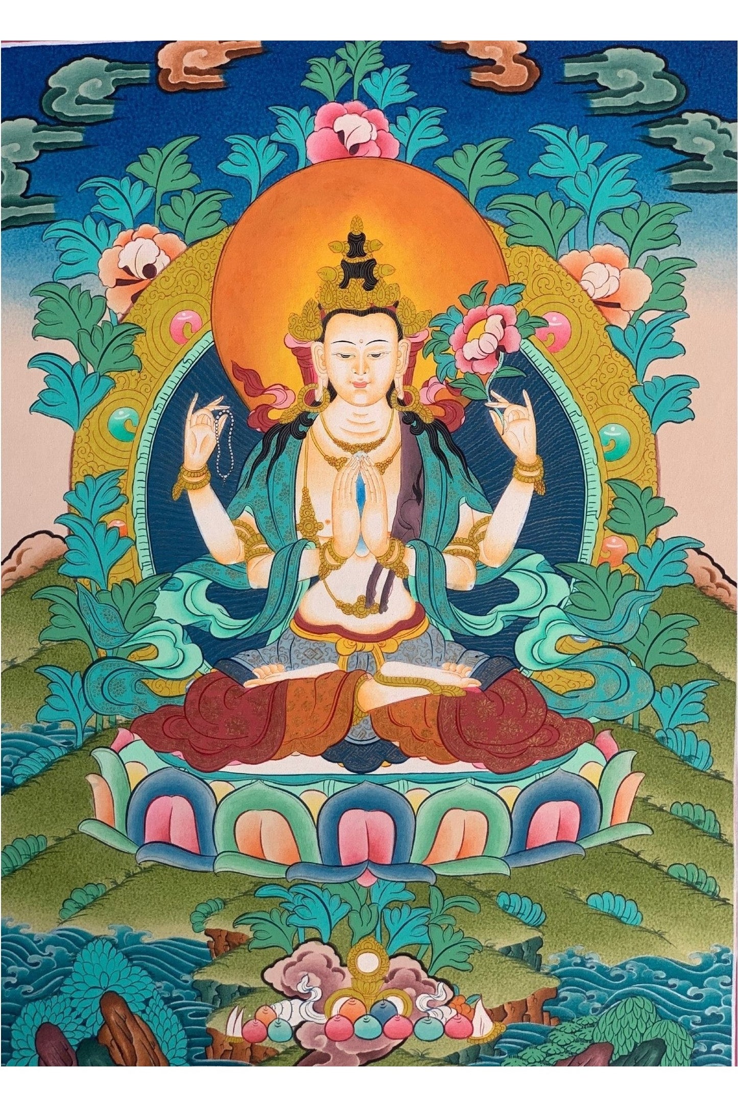 Avalokiteshvara/ Chyangresi/ Chenrezig Bodhisattva of Compassion Master Quality Original Tibetan Thangka Painting with Premium Silk Brocade - Tibetan Thangka Art