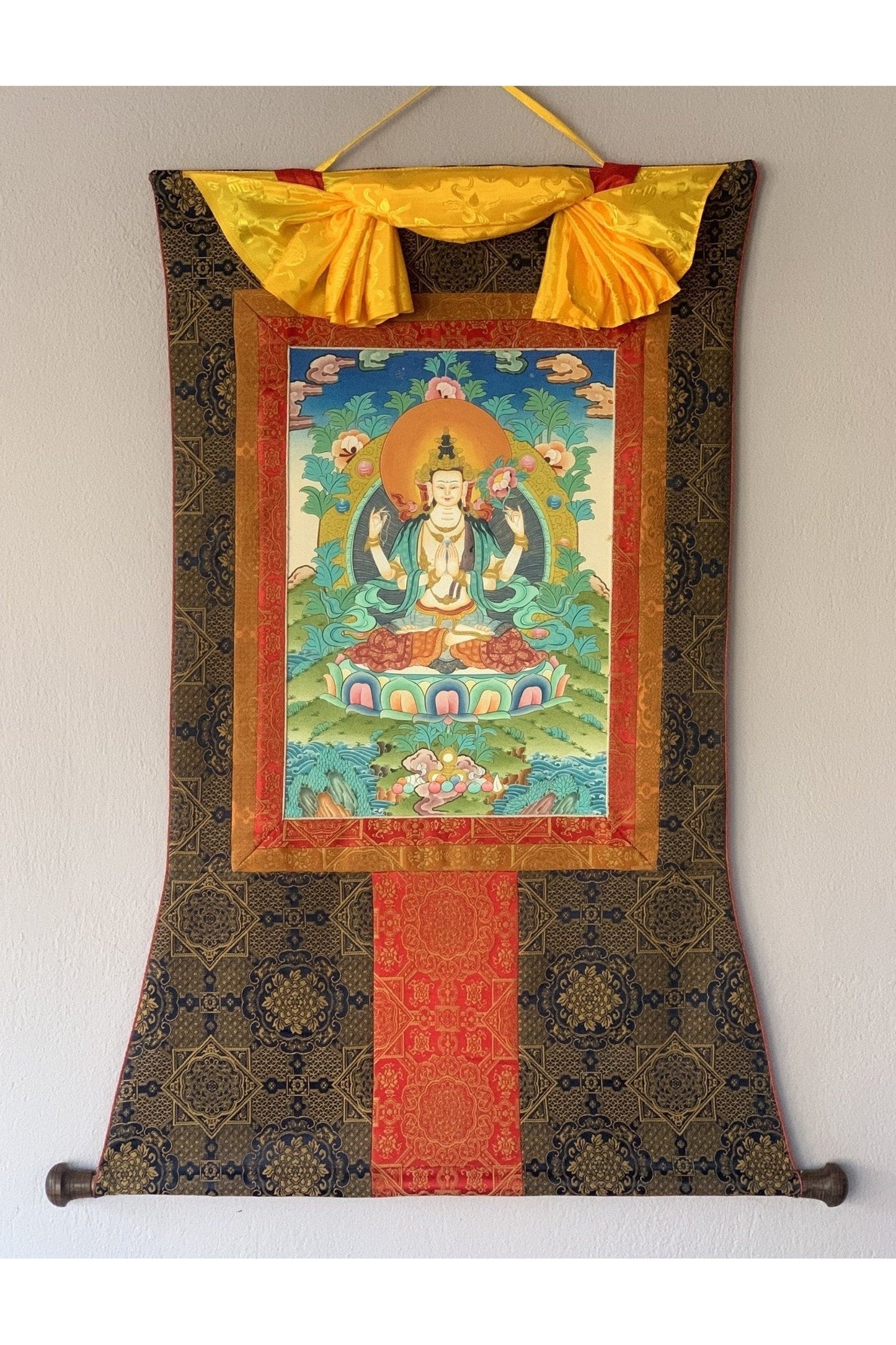 Avalokiteshvara/ Chyangresi/ Chenrezig Bodhisattva of Compassion Master Quality Original Tibetan Thangka Painting with Premium Silk Brocade - Tibetan Thangka Art