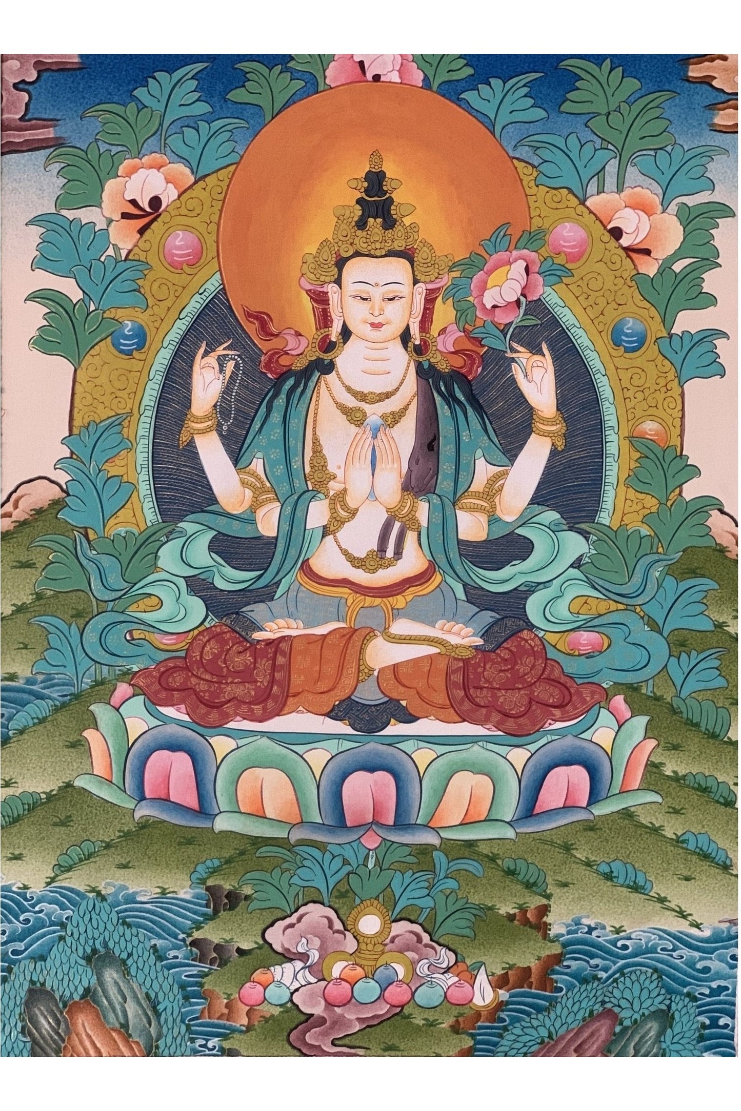 Avalokiteshvara/ Chyangresi/ Chenrezig Bodhisattva of Compassion Master Quality Original Tibetan Thangka Painting with Premium Silk Brocade - Tibetan Thangka Art