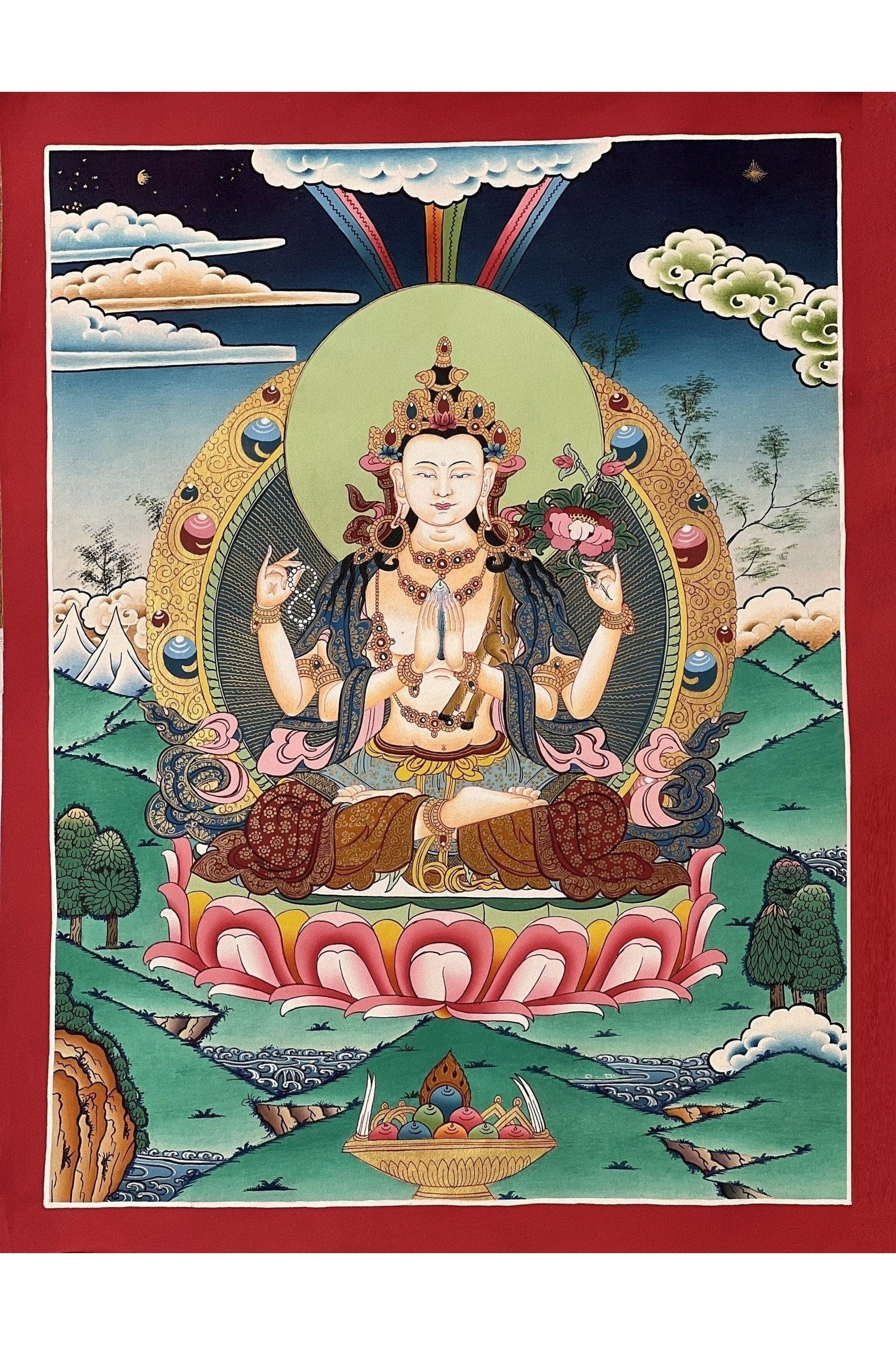 Avalokiteshvara/ Chyangresi/ Chenrezig, Master Quality Gold Tibetan Thangka Painting Original Buddhist Art/ Hand Painting - Tibetan Thangka Art