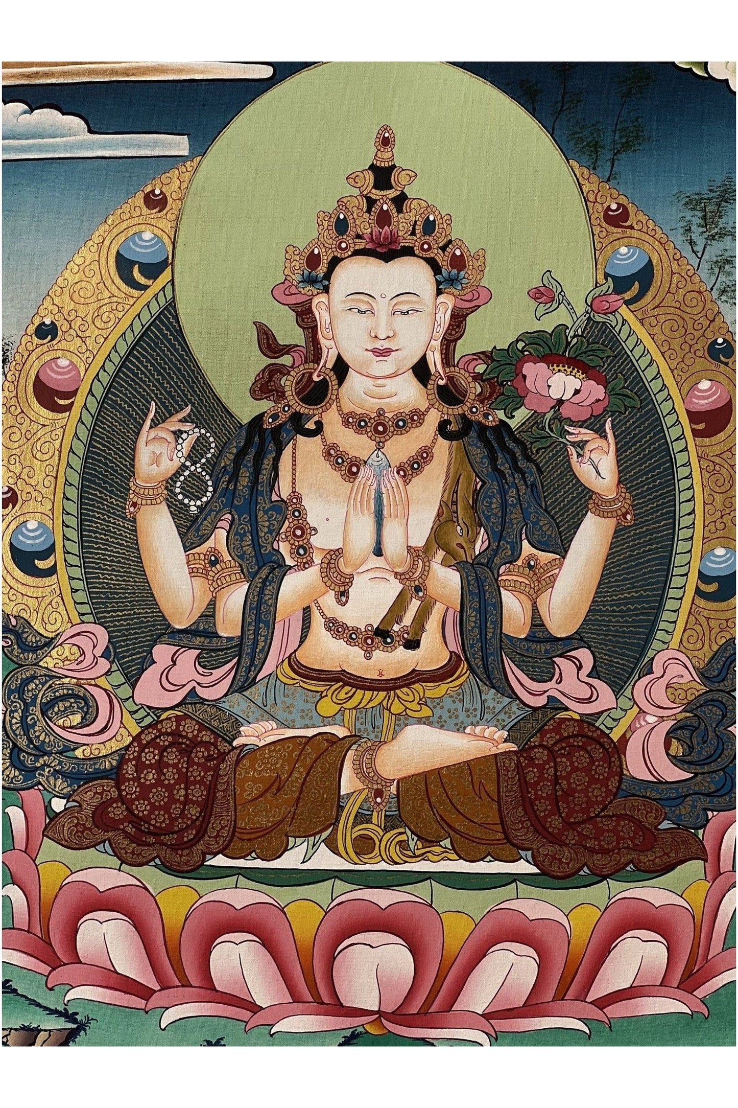 Avalokiteshvara/ Chyangresi/ Chenrezig, Master Quality Gold Tibetan Thangka Painting Original Buddhist Art/ Hand Painting - Tibetan Thangka Art