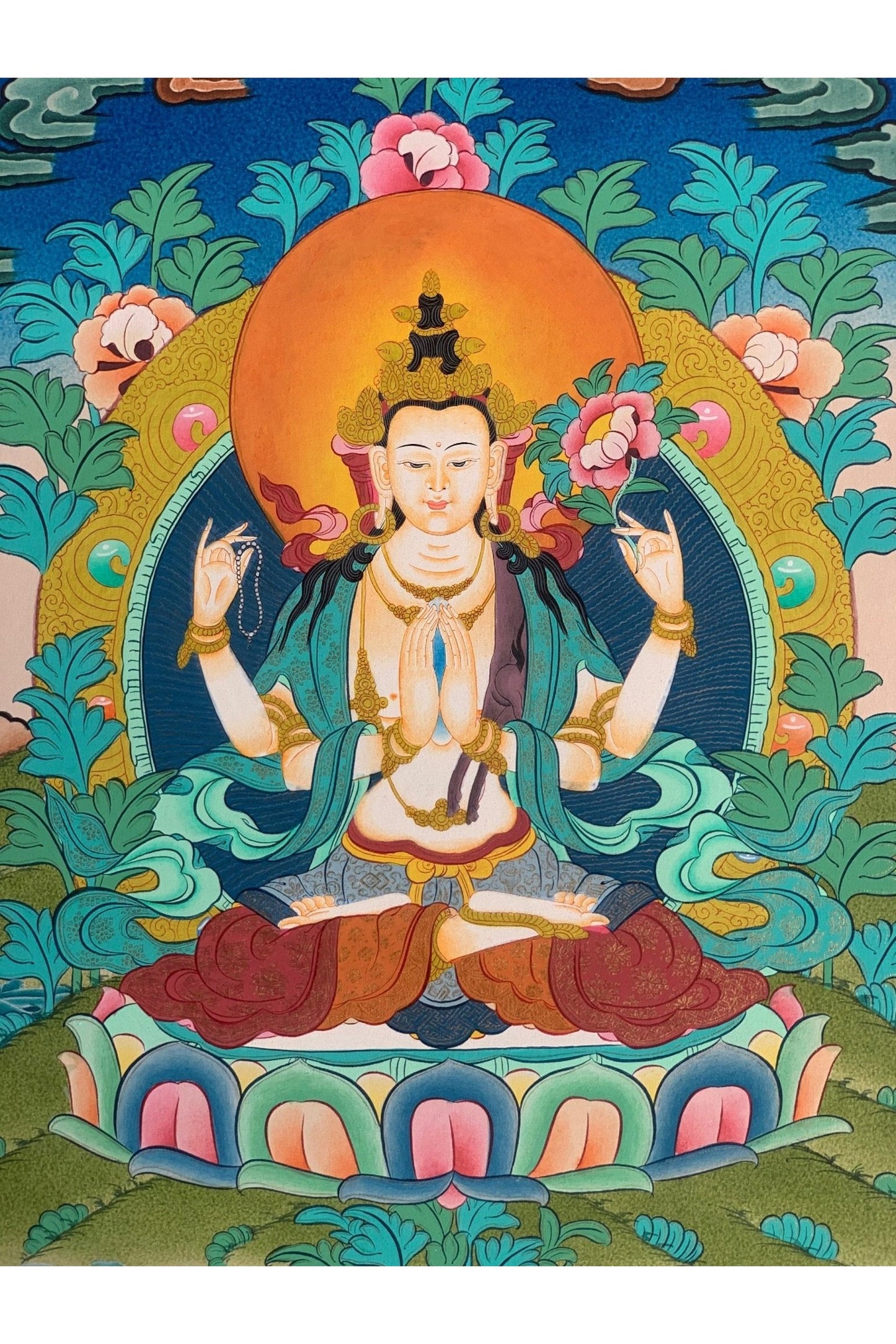 Avalokiteshvara/Chyangresi/ Chenrezig Master Quality Tibetan Thangka Painting Original Meditation Art 14 x 20 Inch - Tibetan Thangka Art