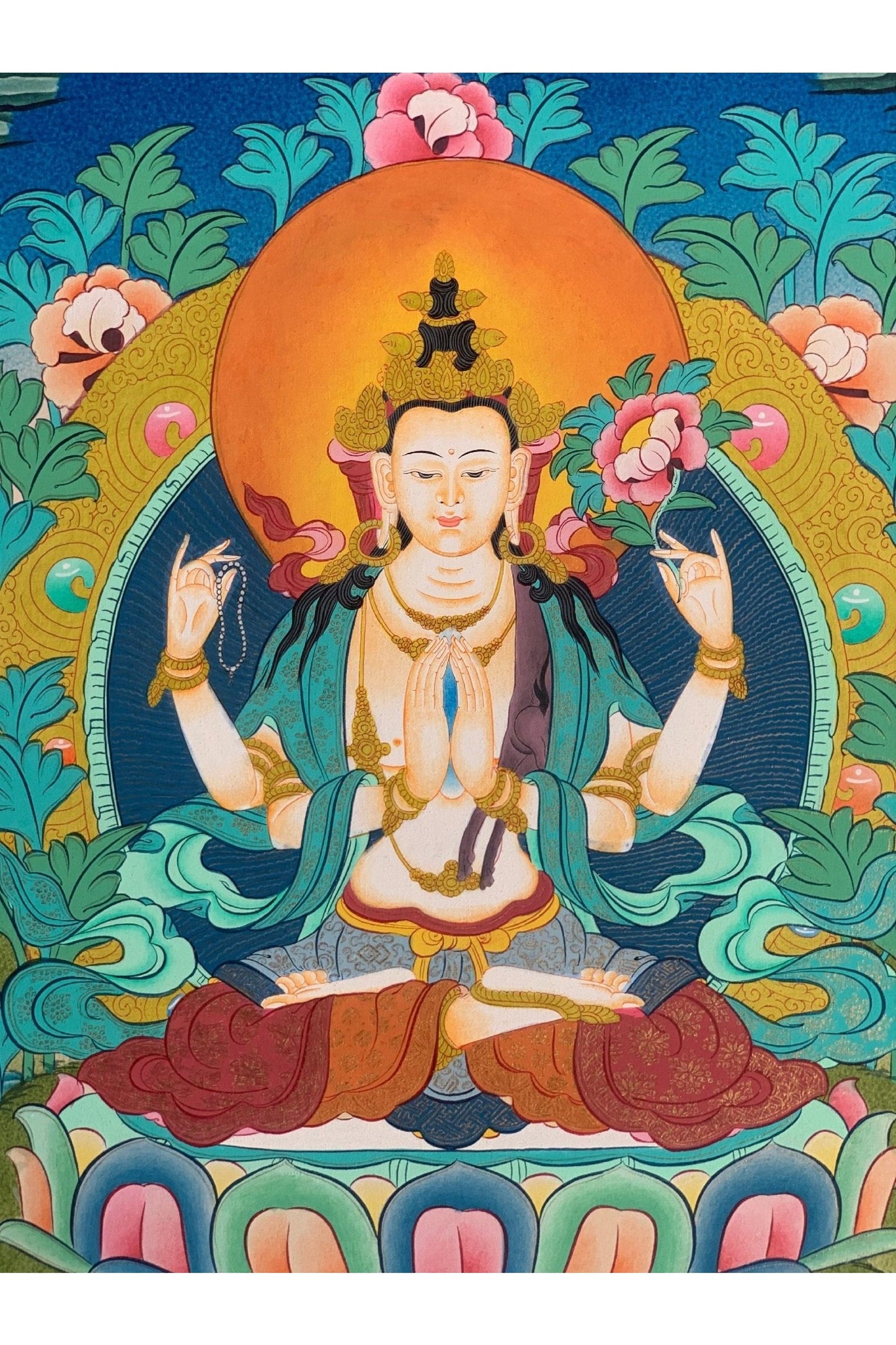 Avalokiteshvara/Chyangresi/ Chenrezig Master Quality Tibetan Thangka Painting Original Meditation Art 14 x 20 Inch - Tibetan Thangka Art