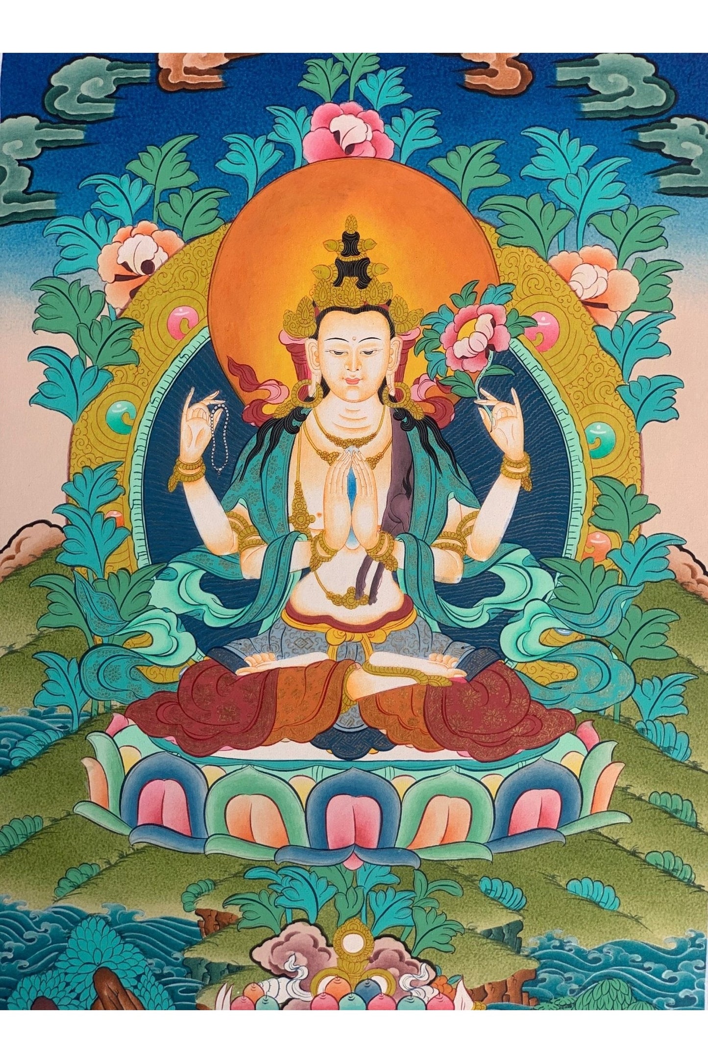 Avalokiteshvara/Chyangresi/ Chenrezig Master Quality Tibetan Thangka Painting Original Meditation Art 14 x 20 Inch - Tibetan Thangka Art