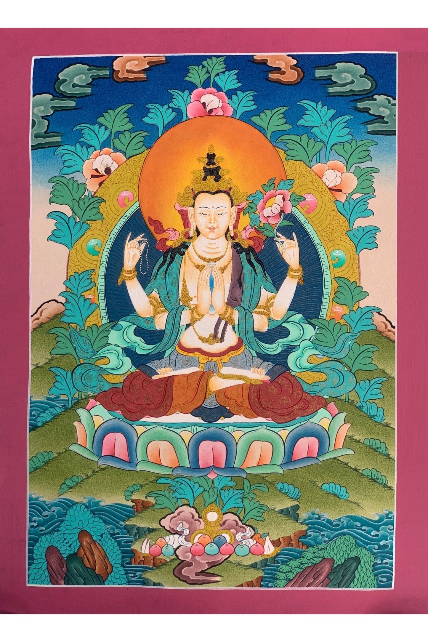 Avalokiteshvara/Chyangresi/ Chenrezig Master Quality Tibetan Thangka Painting Original Meditation Art 14 x 20 Inch - Tibetan Thangka Art