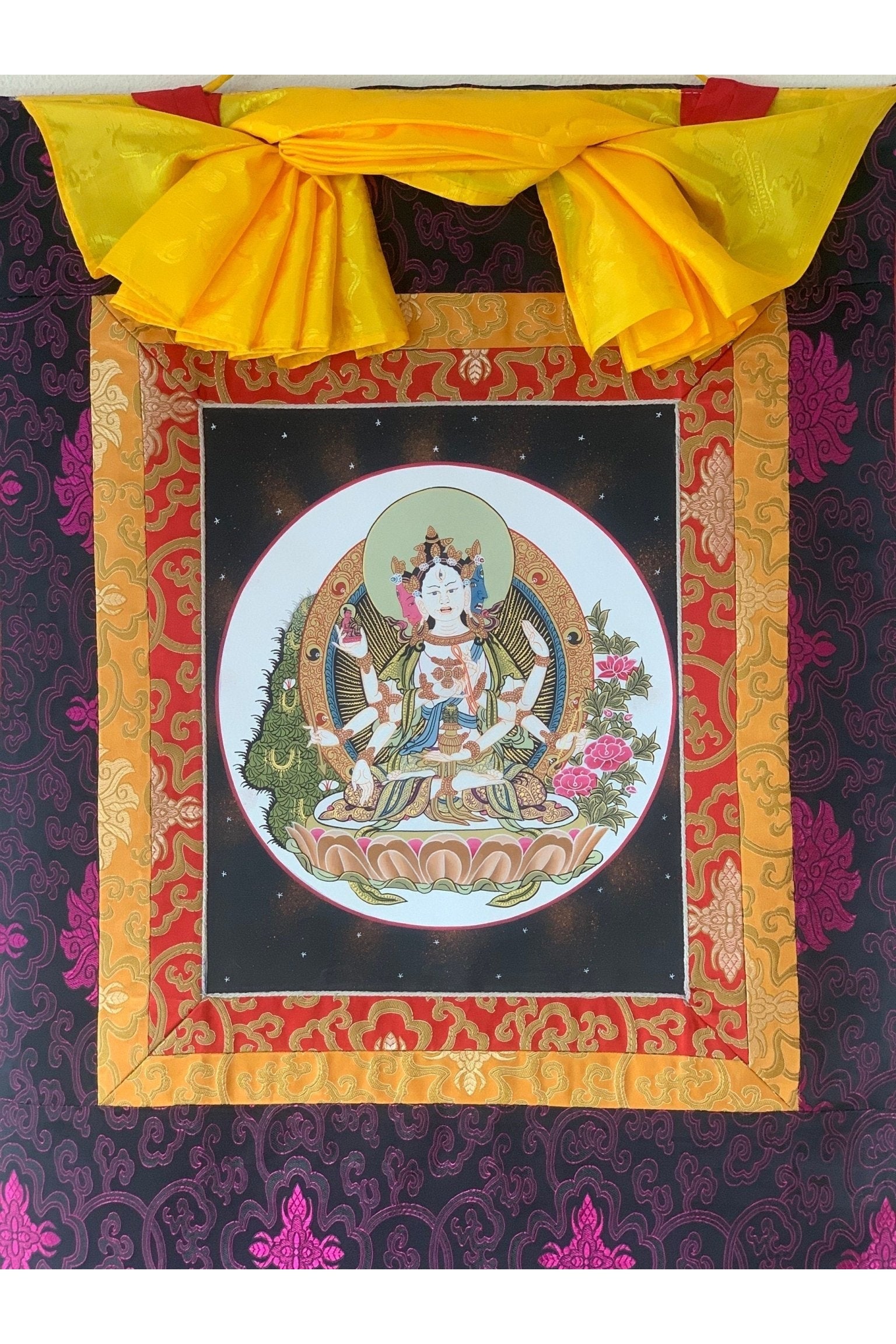 Basundhara, Namgyalma, Dakini of Longevity, Thangka Painting, Original Art, Bordered with Silk - Tibetan Thangka Art