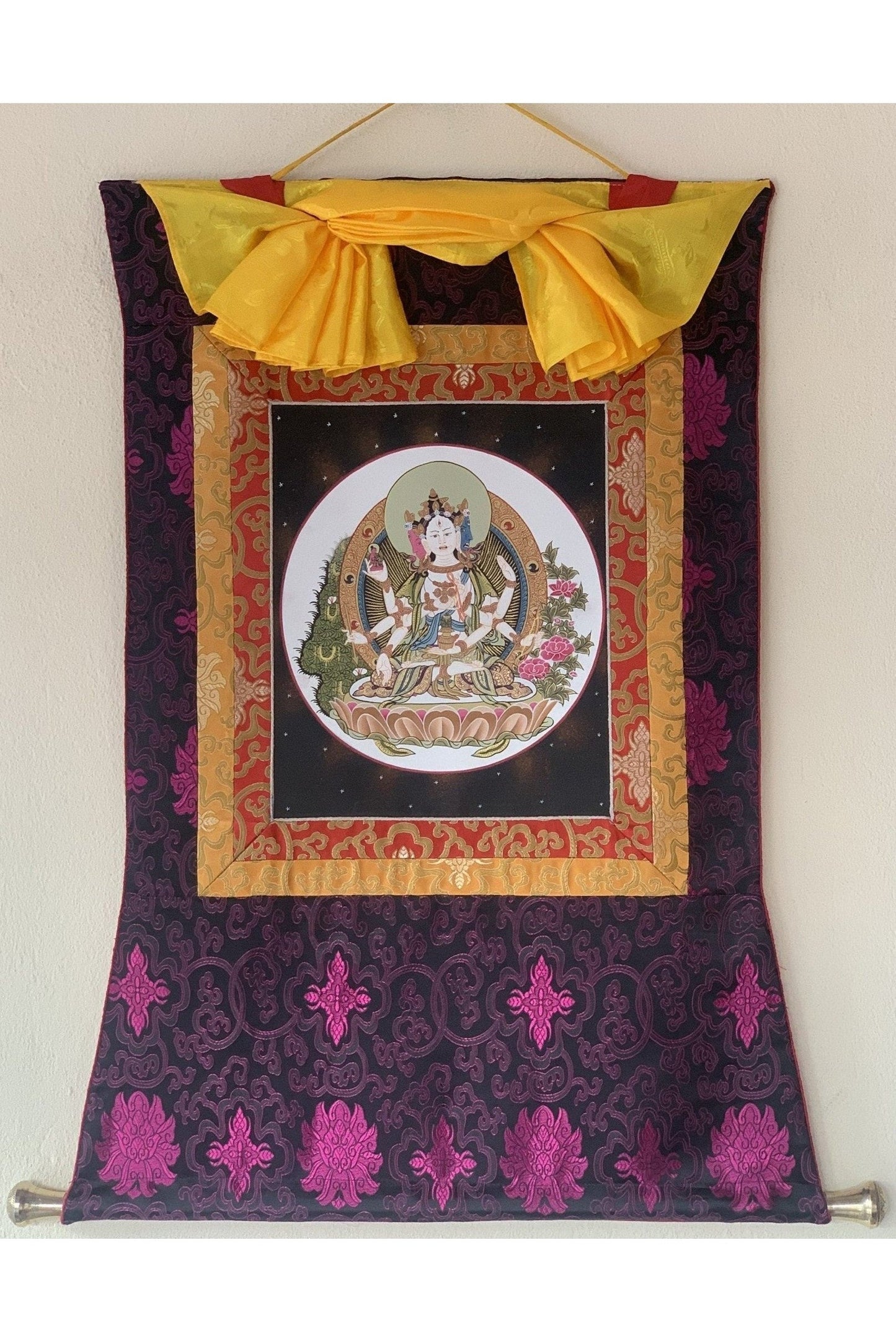 Basundhara, Namgyalma, Dakini of Longevity, Thangka Painting, Original Art, Bordered with Silk - Tibetan Thangka Art