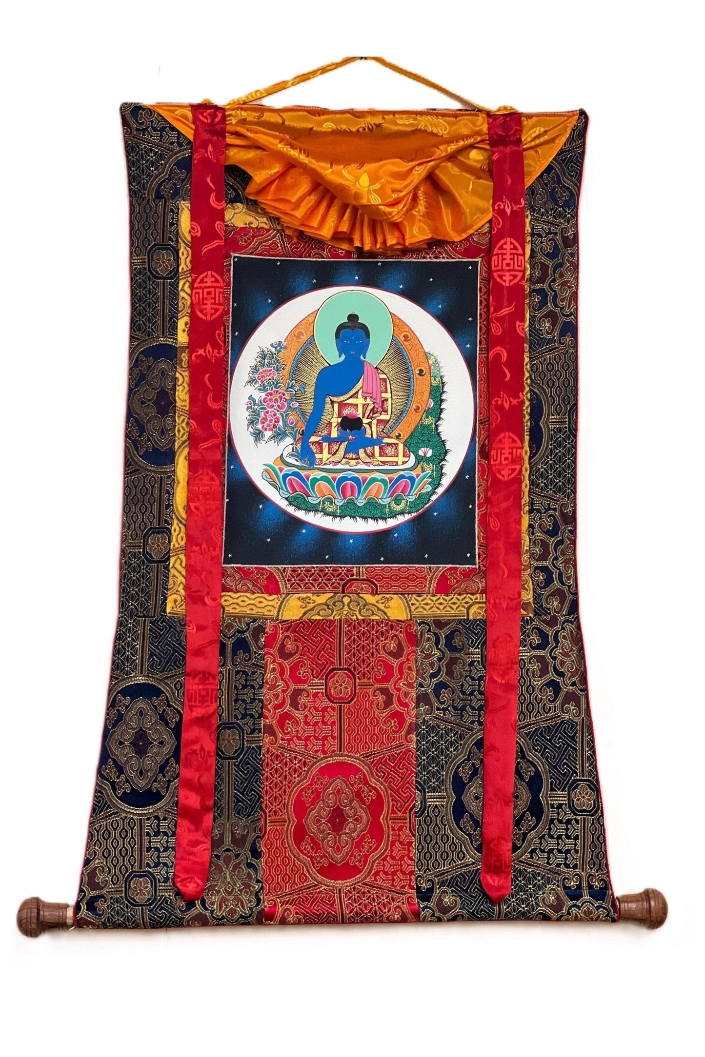 Bhaisajyaguru Medicine Buddha Master Heraler High - Quality Masterpiece Tibetan Thangka Painting Original Art with Premium Silk Frame - Tibetan Thangka Art