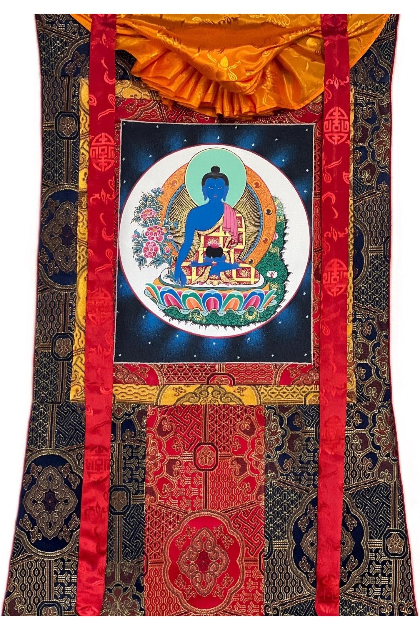 Bhaisajyaguru Medicine Buddha Master Heraler High - Quality Masterpiece Tibetan Thangka Painting Original Art with Premium Silk Frame - Tibetan Thangka Art