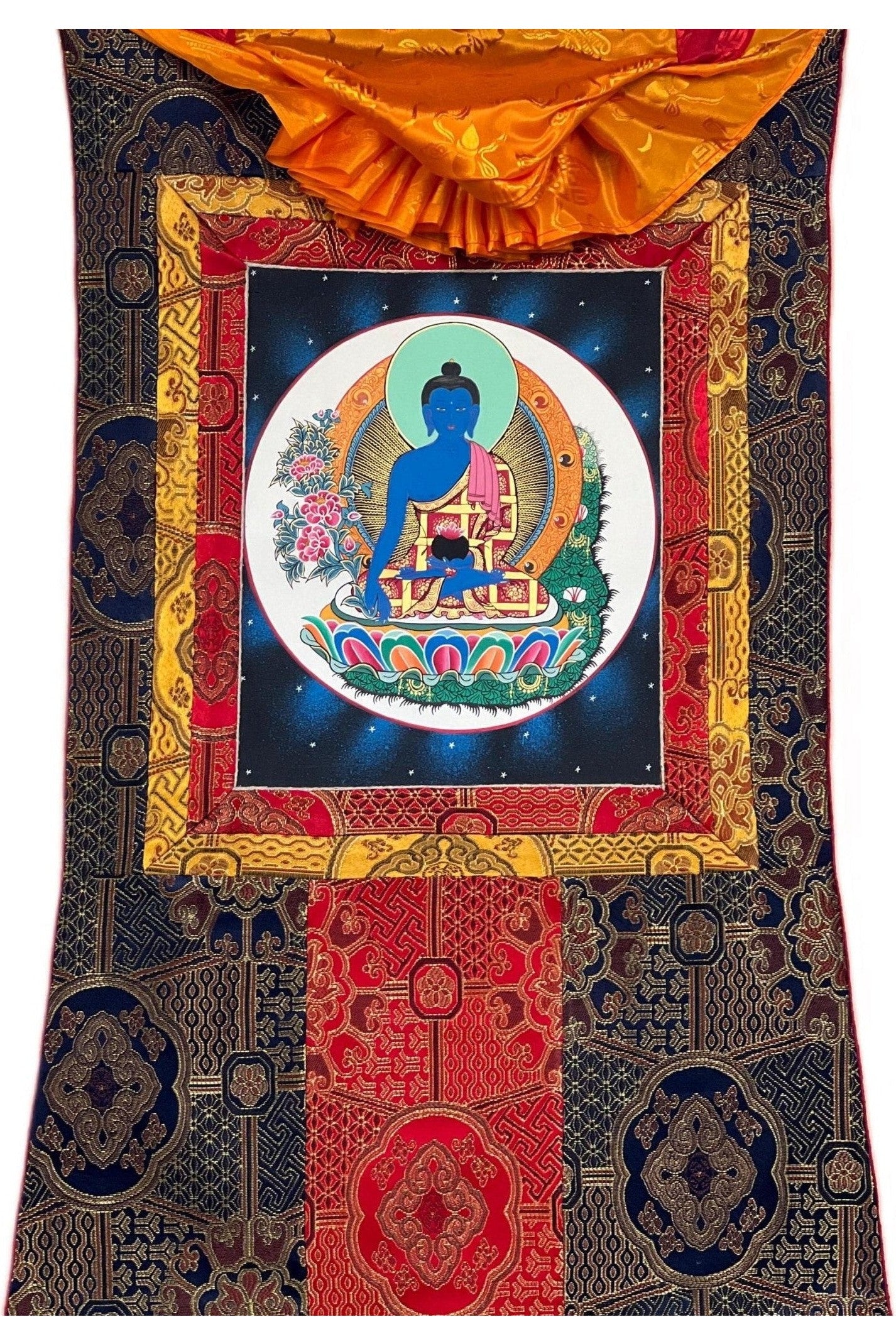 Bhaisajyaguru Medicine Buddha Master Heraler High - Quality Masterpiece Tibetan Thangka Painting Original Art with Premium Silk Frame - Tibetan Thangka Art