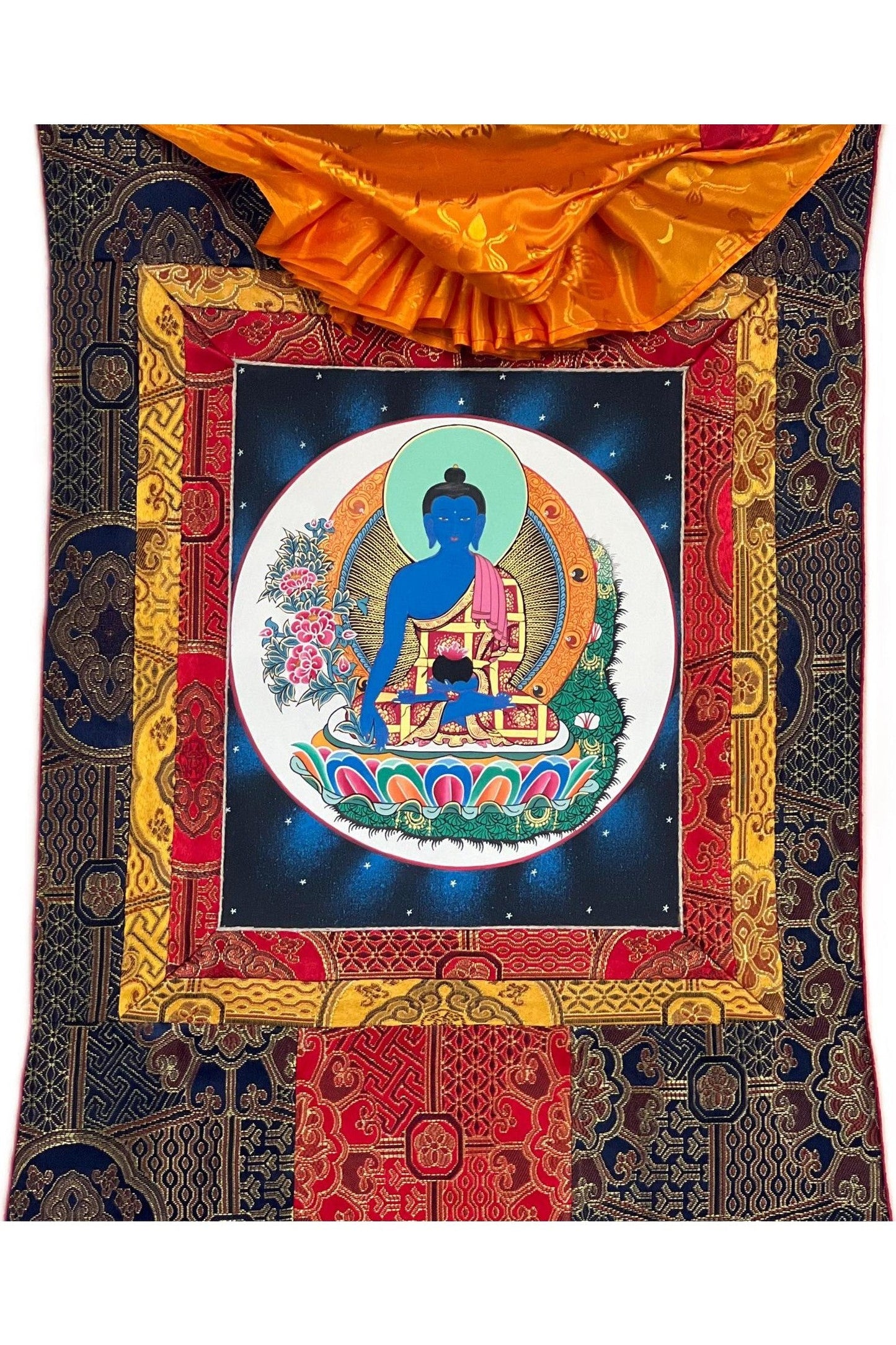 Bhaisajyaguru Medicine Buddha Master Heraler High - Quality Masterpiece Tibetan Thangka Painting Original Art with Premium Silk Frame - Tibetan Thangka Art