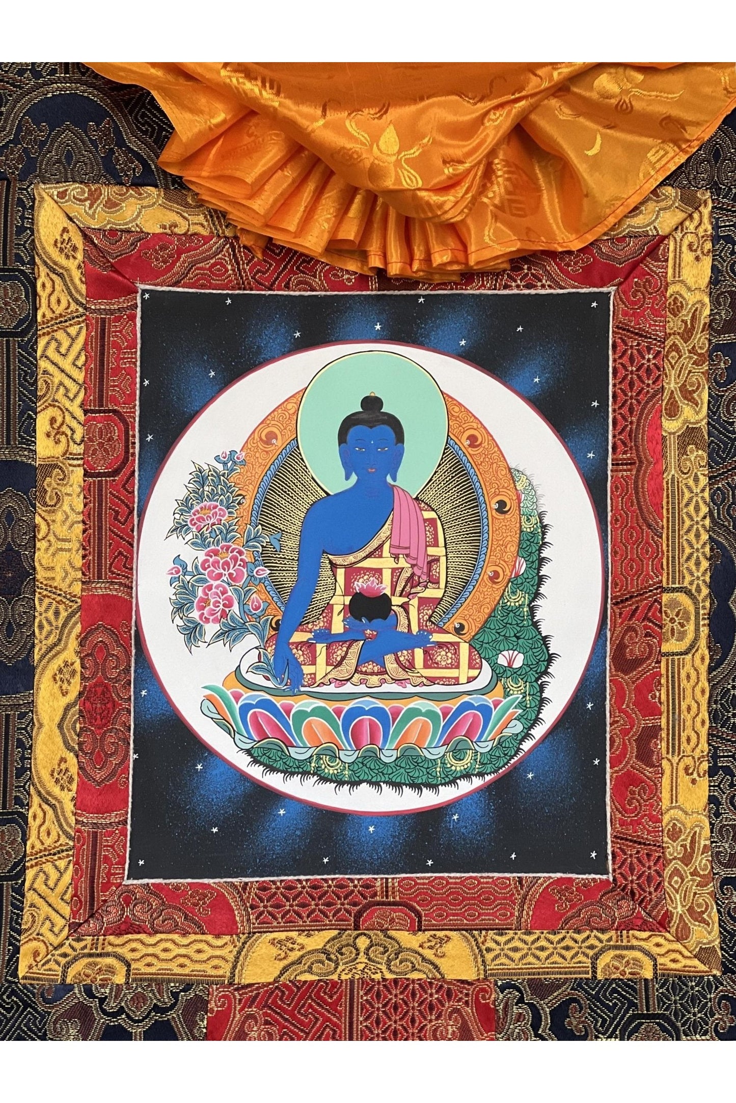 Bhaisajyaguru Medicine Buddha Master Heraler High - Quality Masterpiece Tibetan Thangka Painting Original Art with Premium Silk Frame - Tibetan Thangka Art