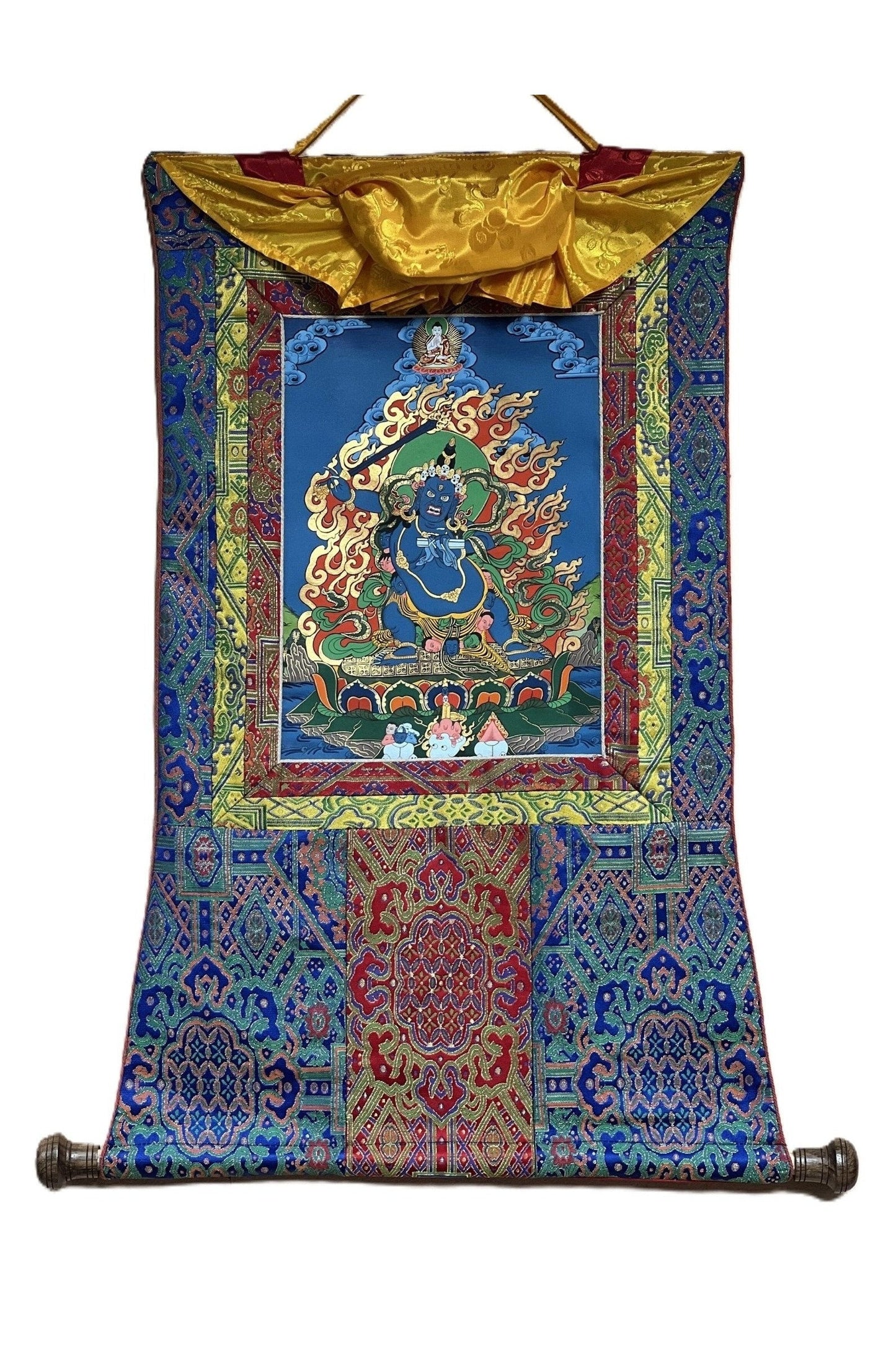 Black Manjushri/Jampel Nagpo/ Krishna Manjushri Thangka Painting/ Original Hand Painting/ Buddhist Art with Premium Silk Brocade - Tibetan Thangka Art