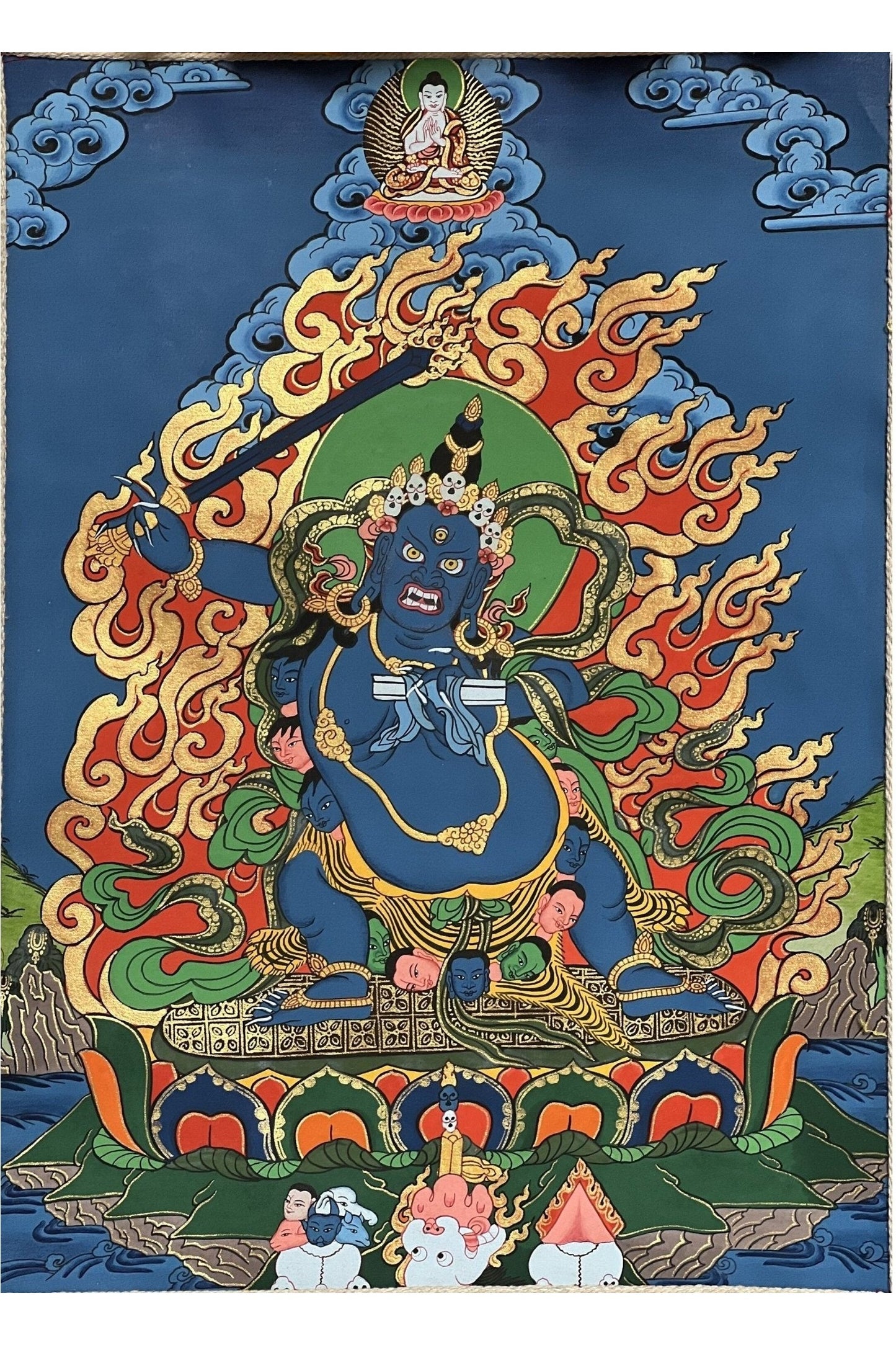 Black Manjushri/Jampel Nagpo/ Krishna Manjushri Thangka Painting/ Original Hand Painting/ Buddhist Art with Premium Silk Brocade - Tibetan Thangka Art