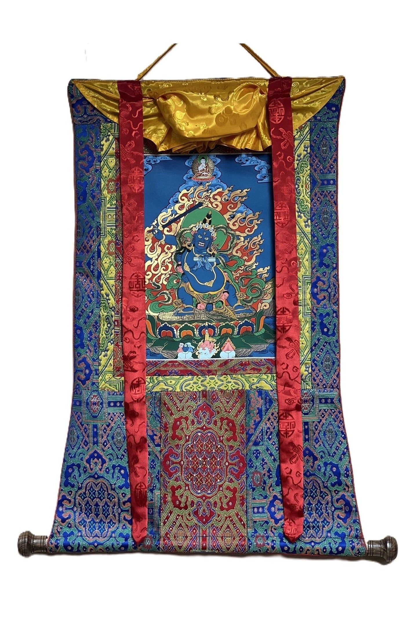 Black Manjushri/Jampel Nagpo/ Krishna Manjushri Thangka Painting/ Original Hand Painting/ Buddhist Art with Premium Silk Brocade - Tibetan Thangka Art