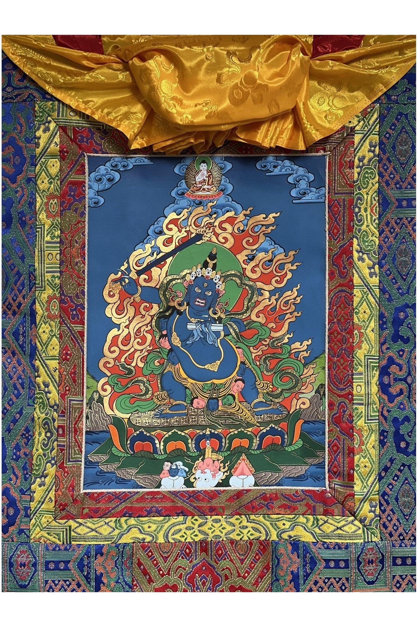 Black Manjushri/Jampel Nagpo/ Krishna Manjushri Thangka Painting/ Original Hand Painting/ Buddhist Art with Premium Silk Brocade - Tibetan Thangka Art