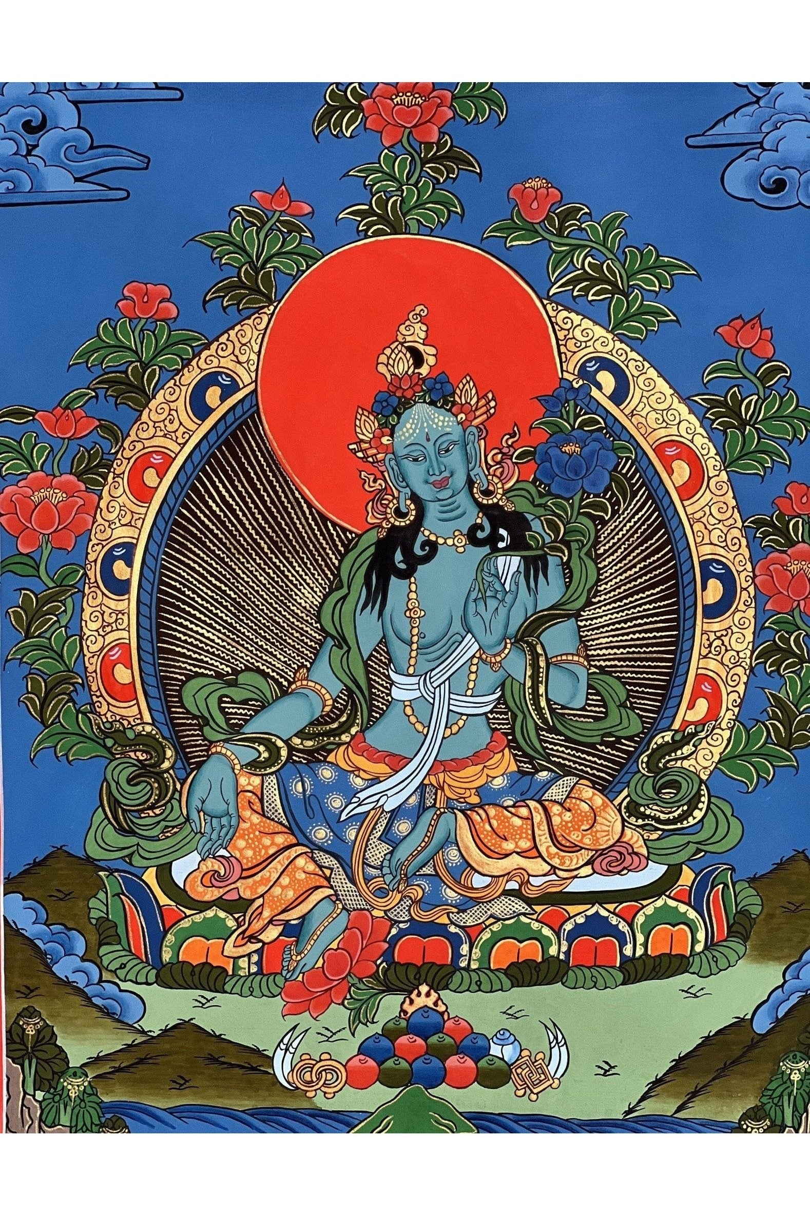 Blue Tara Mother Goddess of Protection Hand Painted Tibetan Thangka Painting Original Buddhist Meditation Art - Tibetan Thangka Art