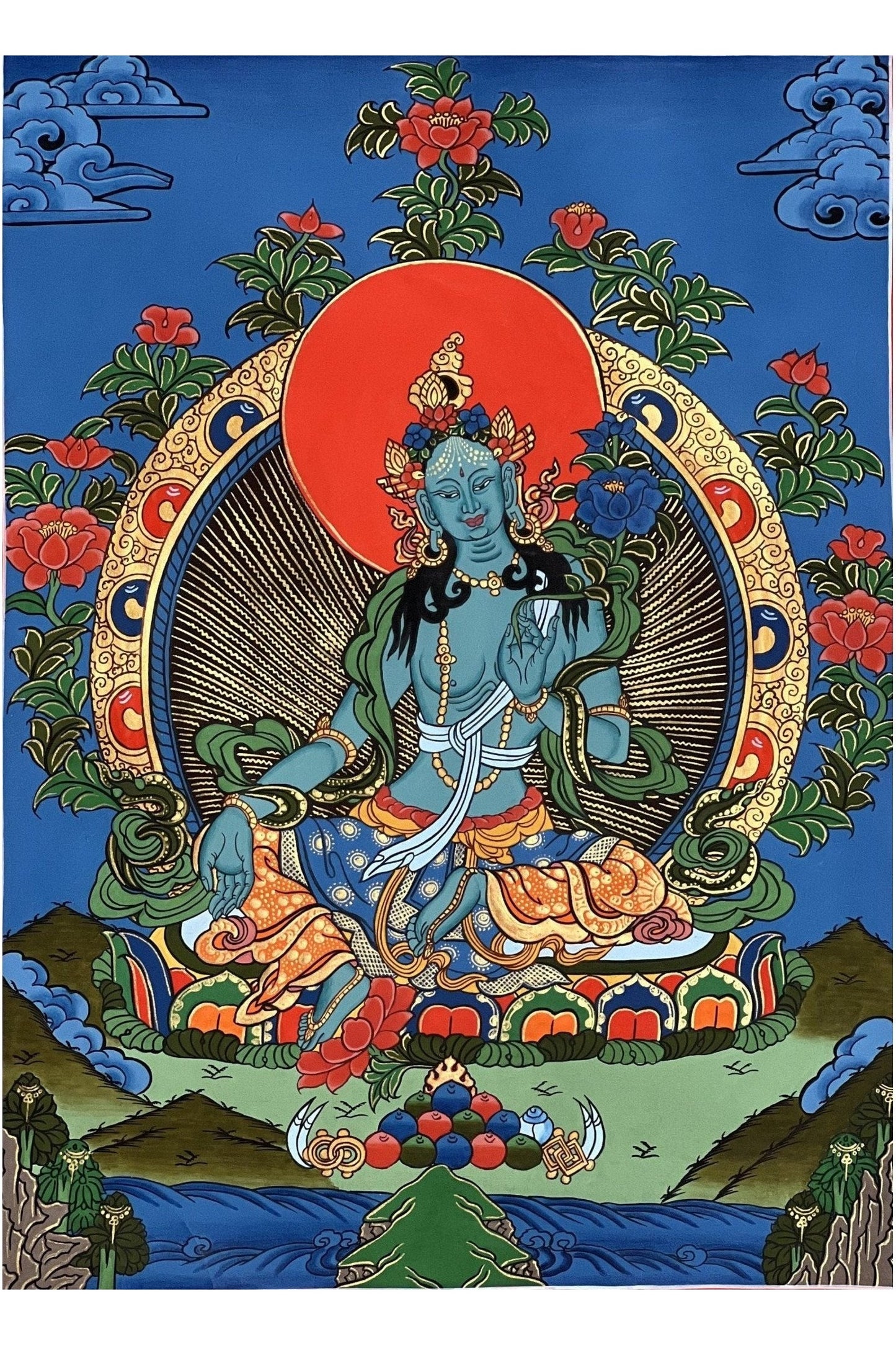 Blue Tara Mother Goddess of Protection Hand Painted Tibetan Thangka Painting Original Buddhist Meditation Art - Tibetan Thangka Art