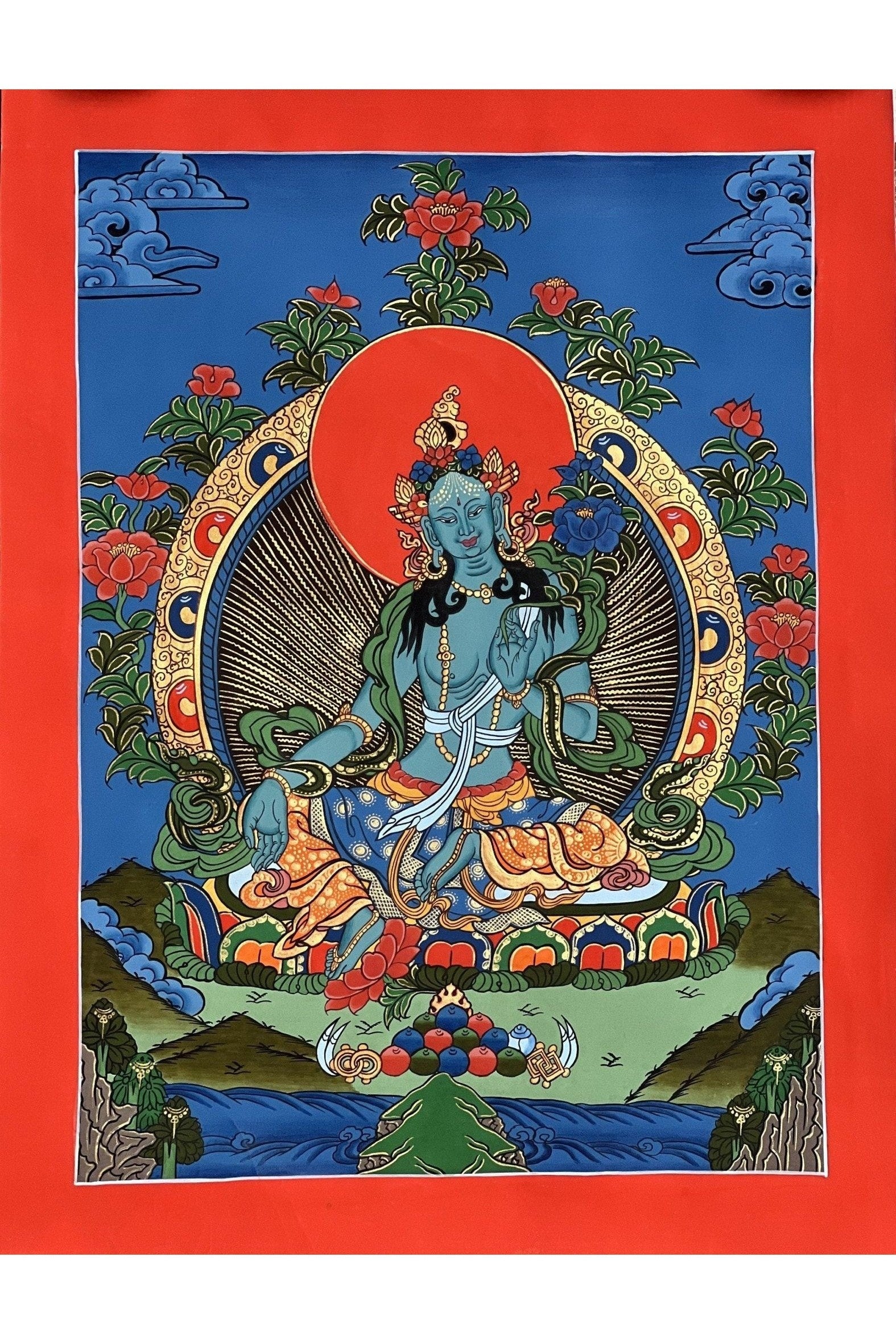 Blue Tara Mother Goddess of Protection Hand Painted Tibetan Thangka Painting Original Buddhist Meditation Art - Tibetan Thangka Art