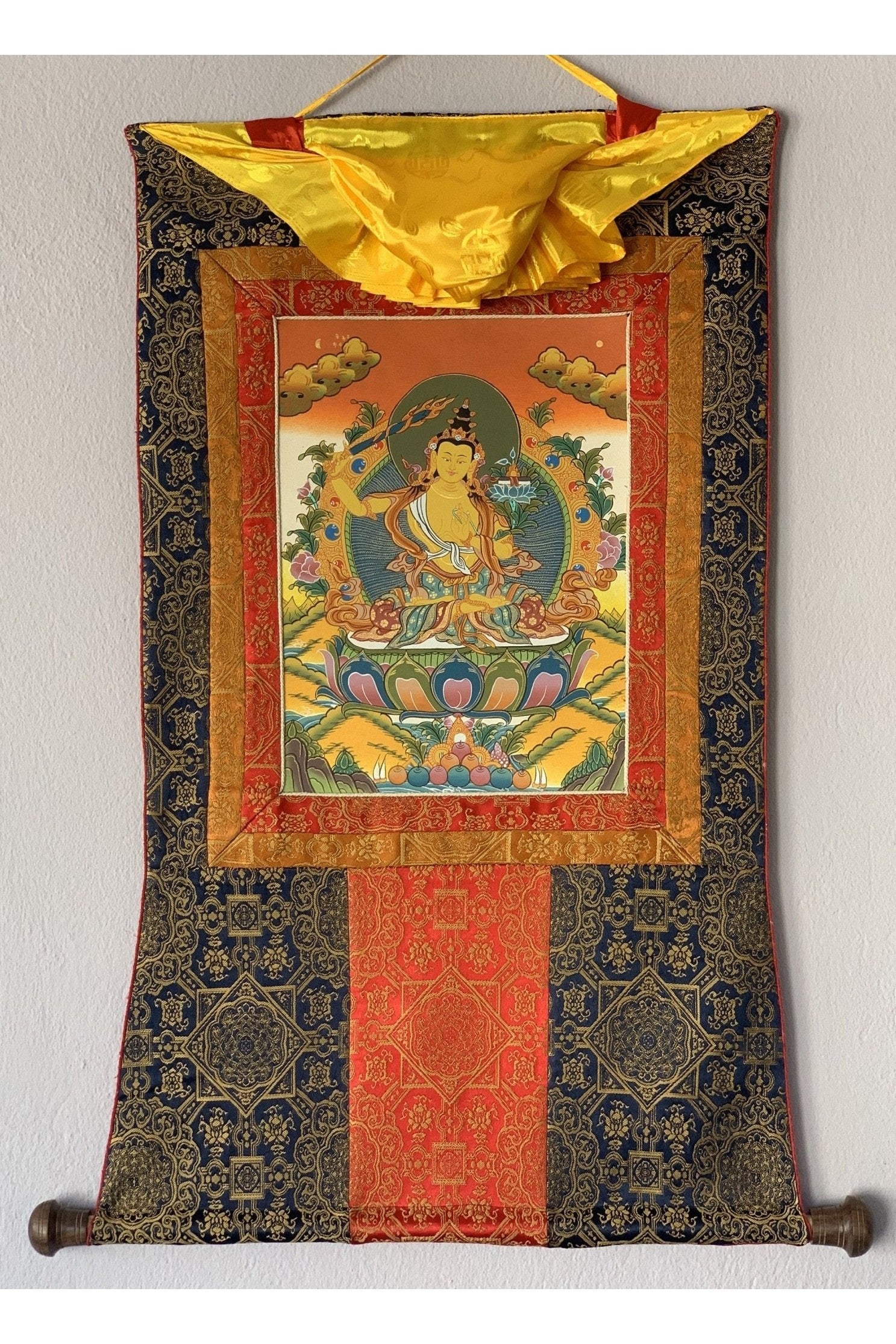 Bodhisattva of Compassion Manjushri /Manjusri/ Manjushree Original Hand - Painted Tibetan Thangka Painting/ Compassion Art With Silk Frame - Tibetan Thangka Art